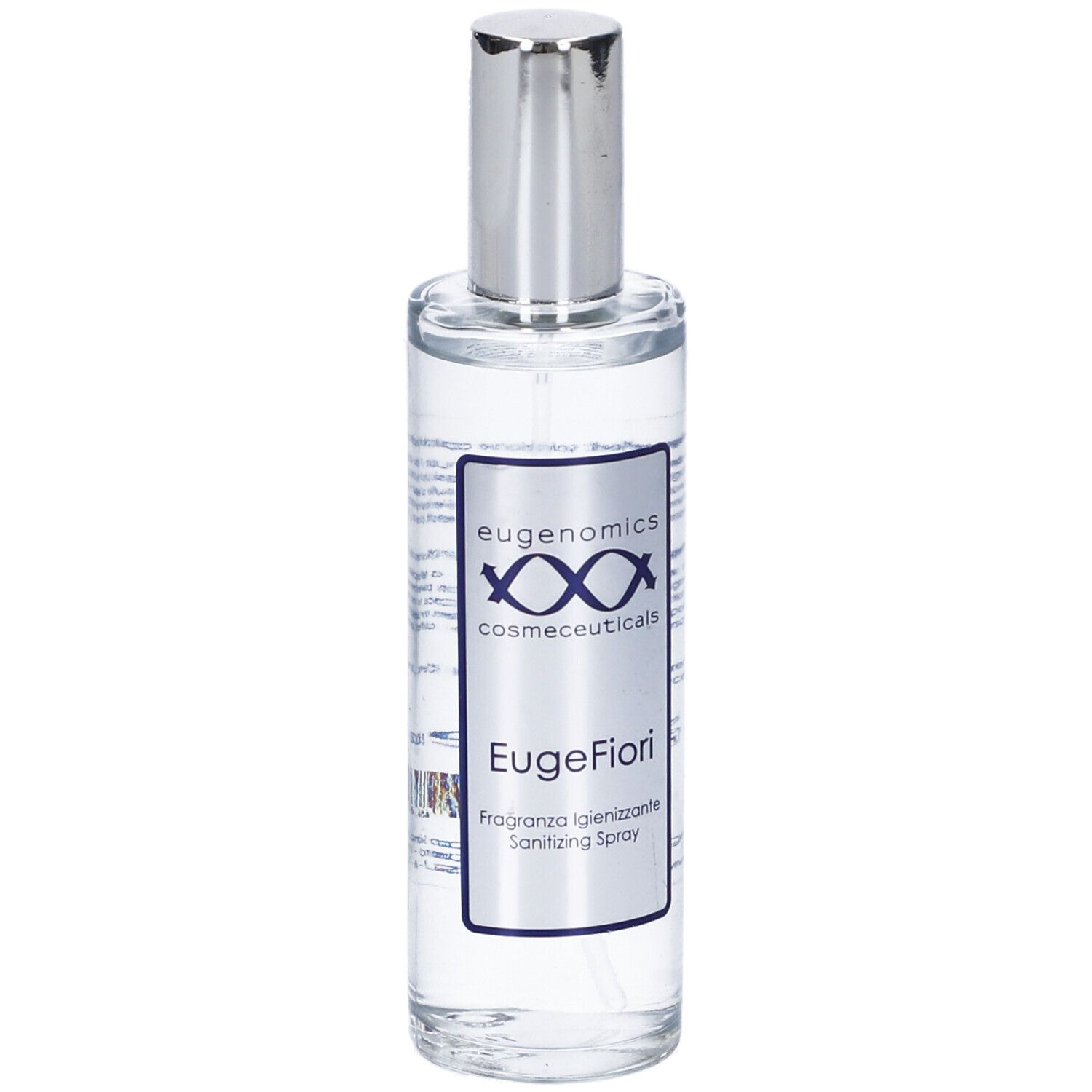 Flacone trasparente con vaporizzatore argento. Etichetta "eugenomics" e "EugeFiori".