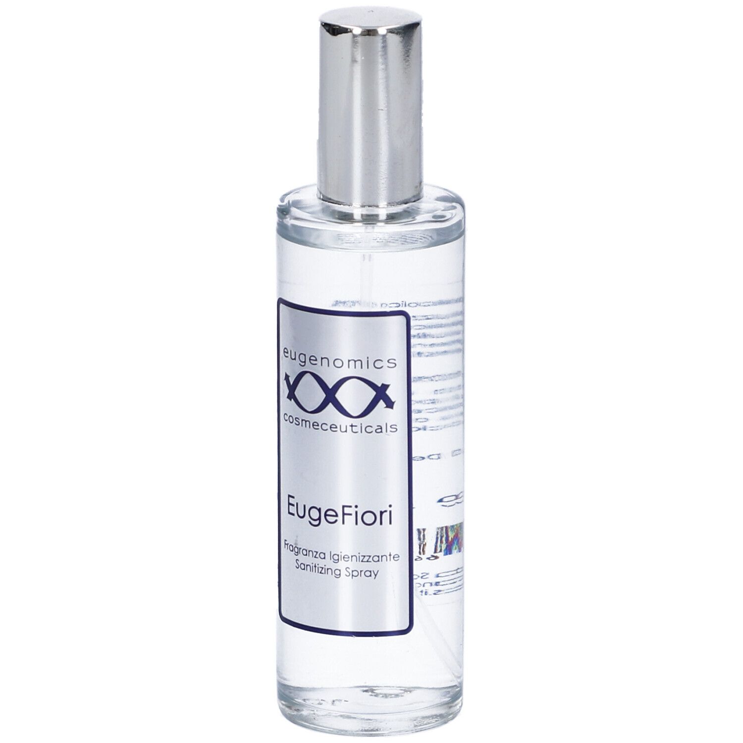 Flacone trasparente con vaporizzatore argento. Etichetta "eugenomics" e "EugeFiori".