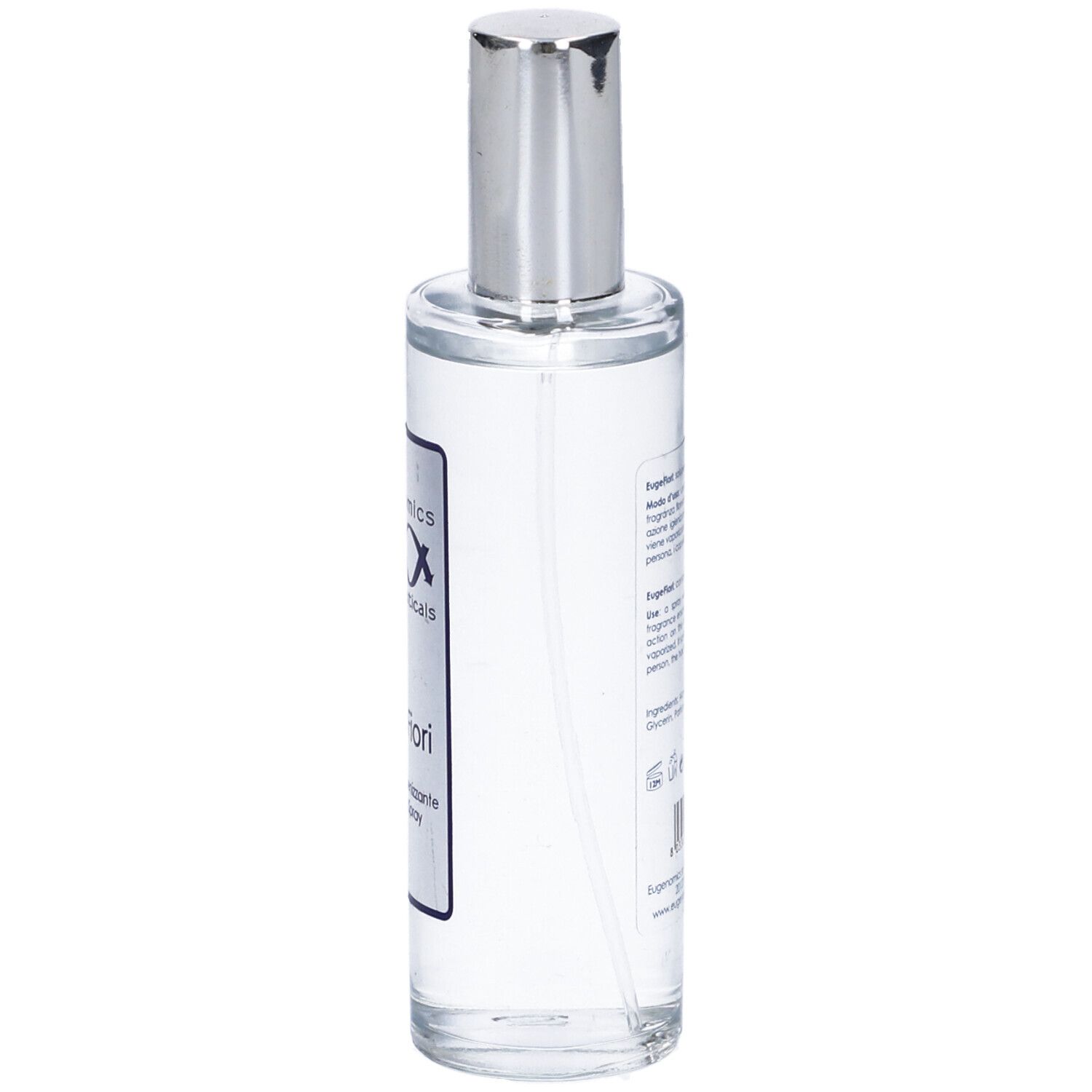 Flacone trasparente con vaporizzatore argento. Vista laterale con etichetta e testo.