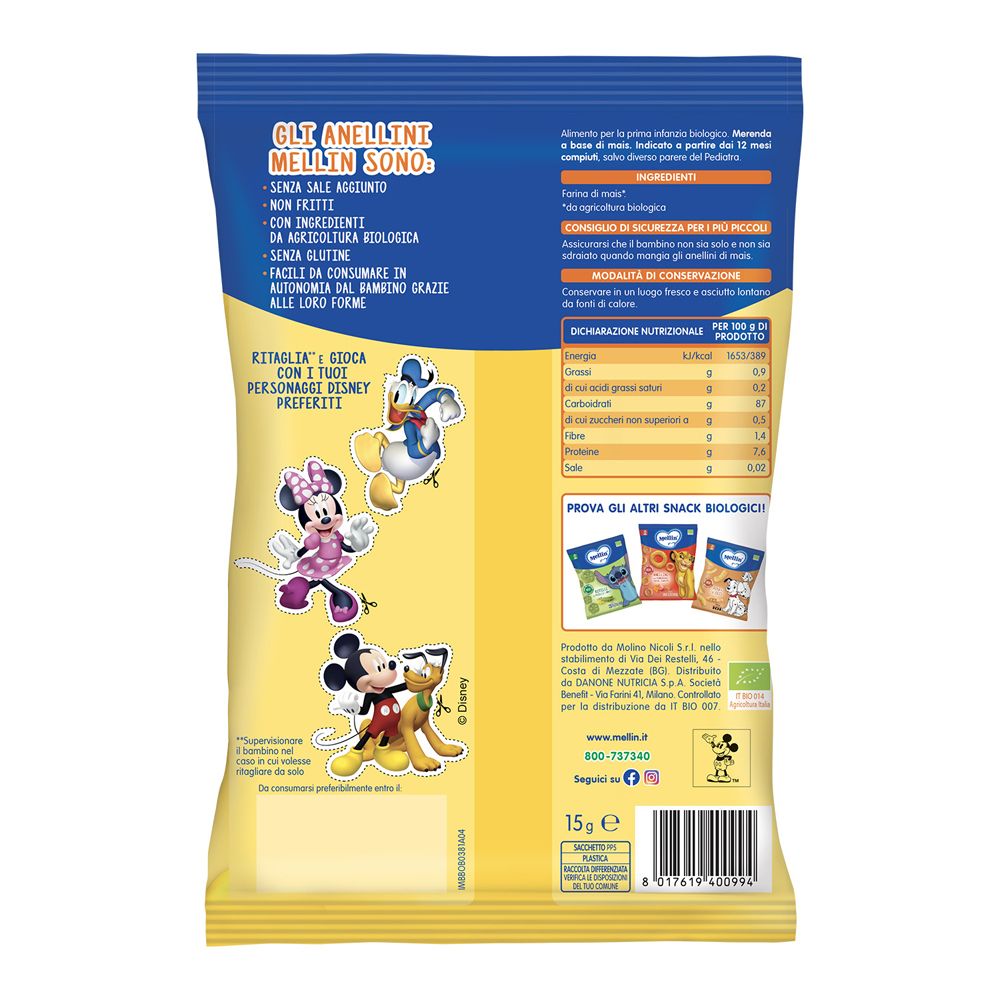 Retro della confezione snack. Testo: Anellini, senza sale, senza zucchero, senza glutine. Personaggi Disney: Minnie, Donald, Mickey.