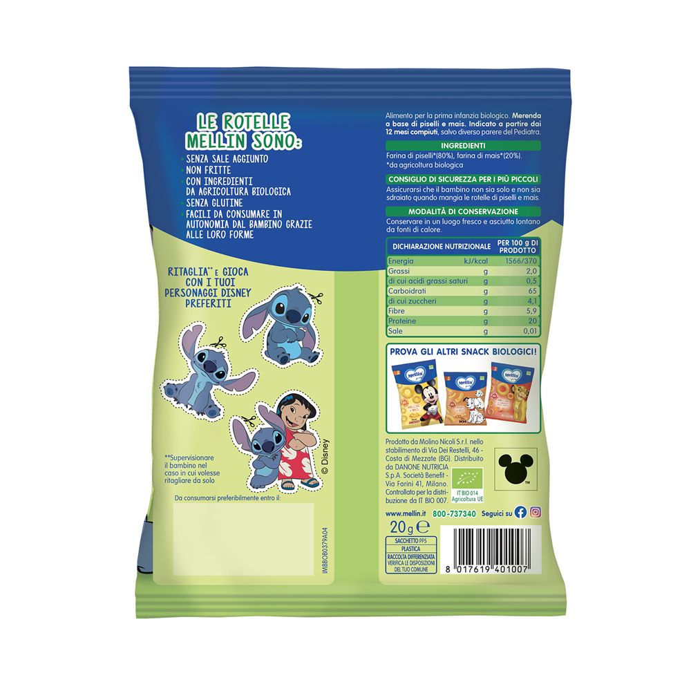 Retro della confezione snack. Testo: informazioni nutrizionali, "Mellin", "Rotelle". Personaggi Disney. Marchio bio.