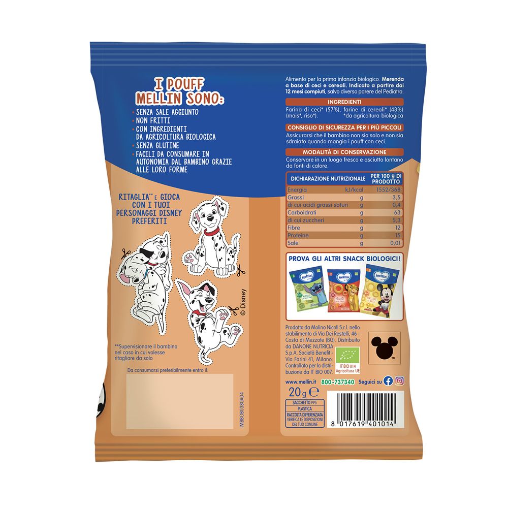 Retro della confezione Mellin Snack Bio Pouff Ceci. Contiene informazioni nutrizionali e lista ingredienti. Illustrazioni Disney.