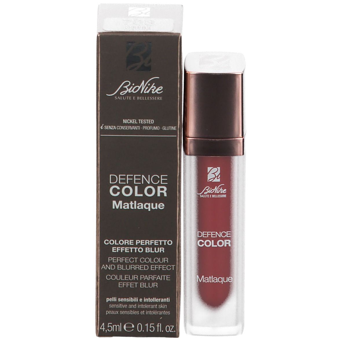 BioNike DEFENCE COLOR Matlaque e confezione. Testo: Perfect Colour and Blurred Effect, 4,5 ml. Nickel Tested.