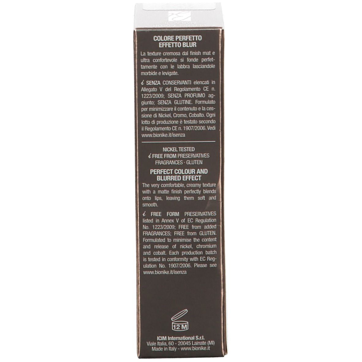 Confezione BioNike DEFENCE COLOR Matlaque. Testo: Perfect Colour and Blurred Effect, senza conservanti, senza profumo, senza glutine.