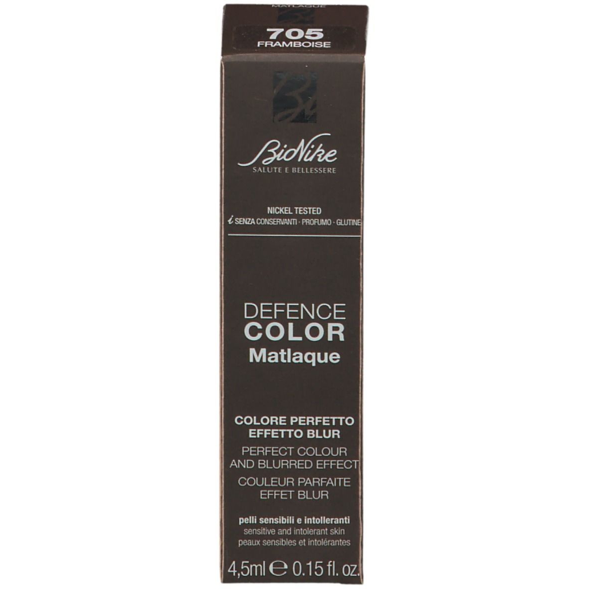 BioNike Defence Color Matlaque. Confezione. Scritte: 705 Framboise, Defence Color, Matlaque, 4,5ml, 0.15 fl. oz.