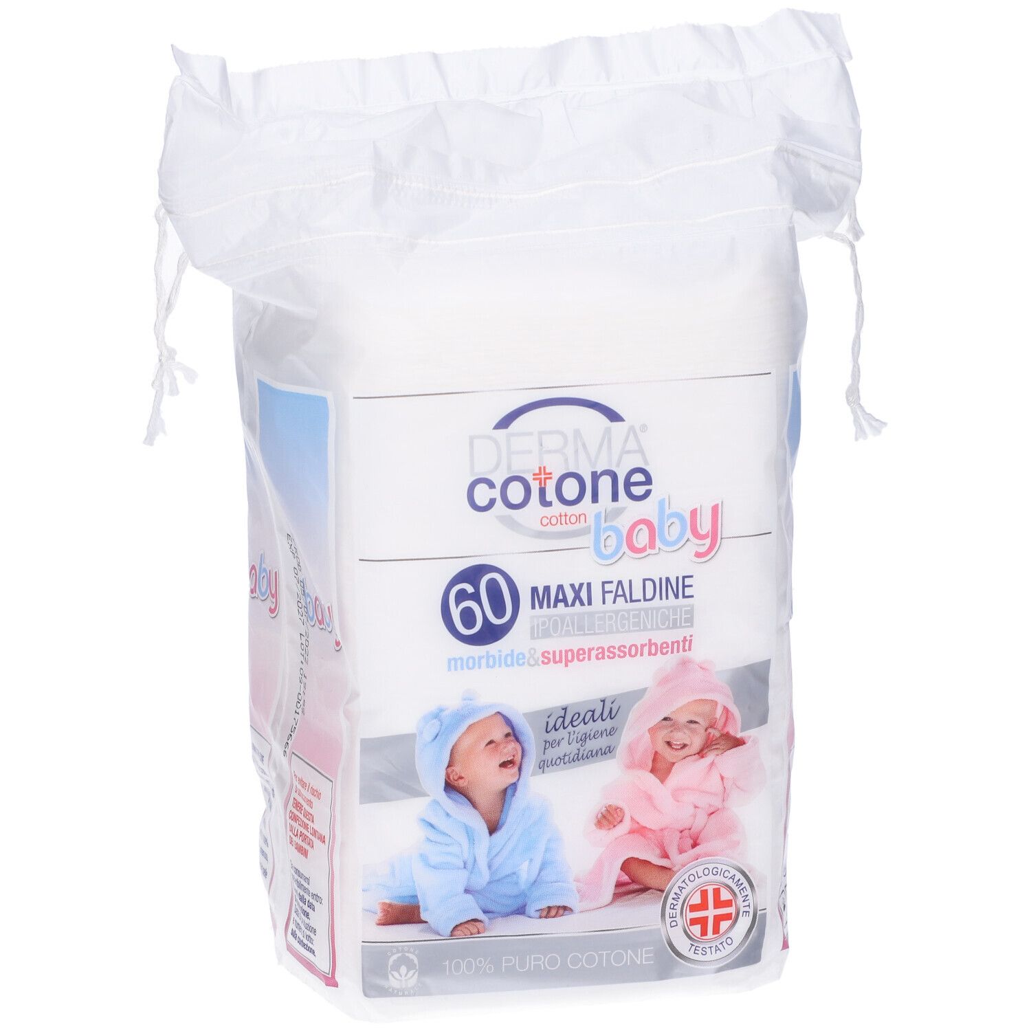 Confezione di Dermacotone Baby Faldine Maxi. 60 pezzi. Illustrazioni di bambini e certificazione UE.
