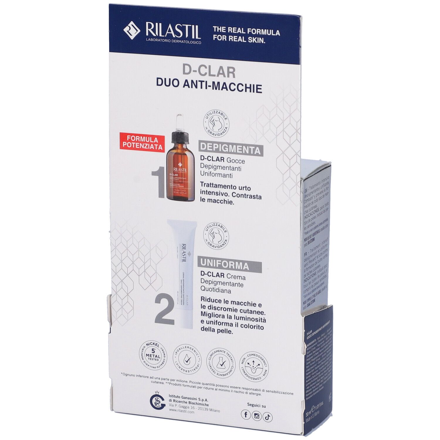 Retro della confezione. Illustrazioni dei prodotti D-Clar Gocce e Crema. Descrizioni.