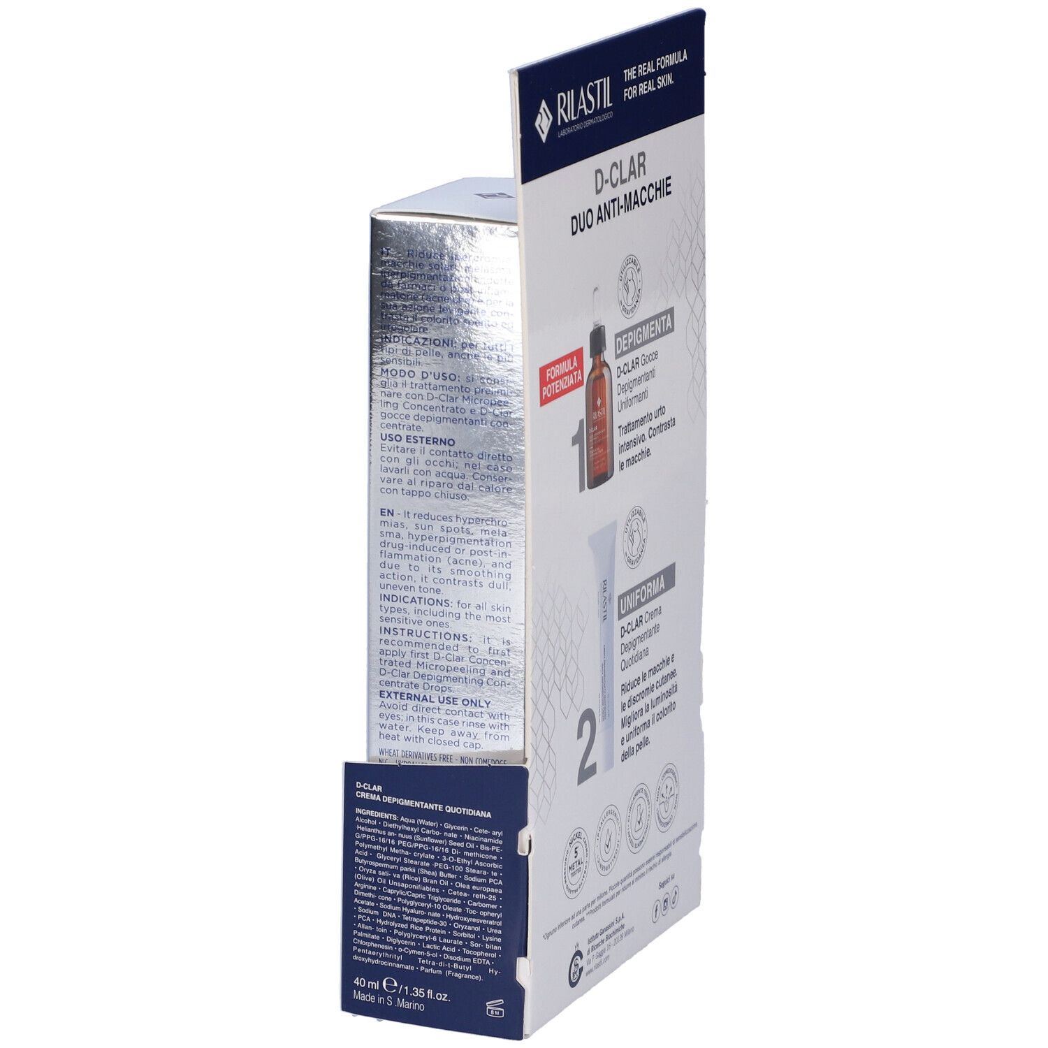 Vista laterale della confezione. D-Clar Gocce e Crema. Testo e illustrazioni.