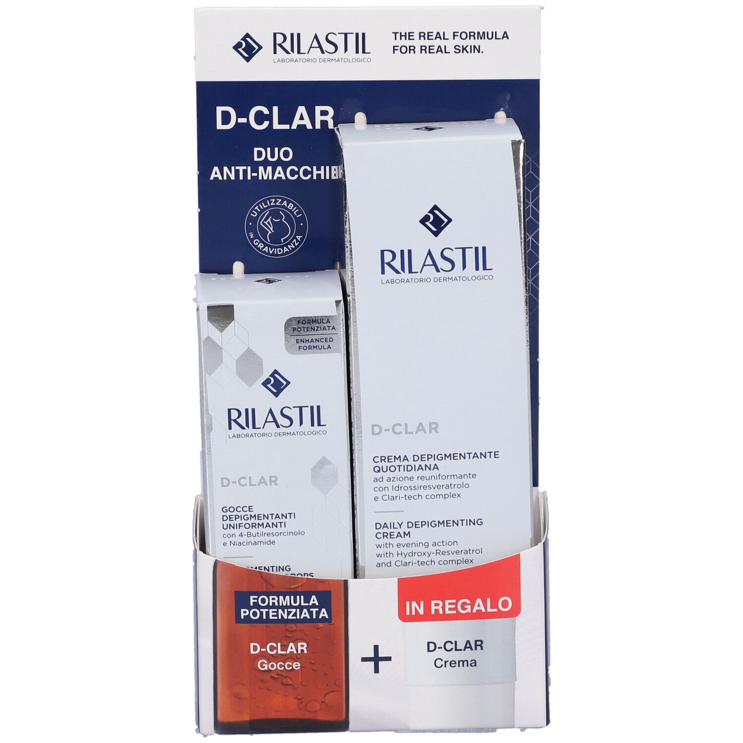 Confezione D-Clar con Gocce e Crema. Design bianco e blu. Logo e nomi dei prodotti.