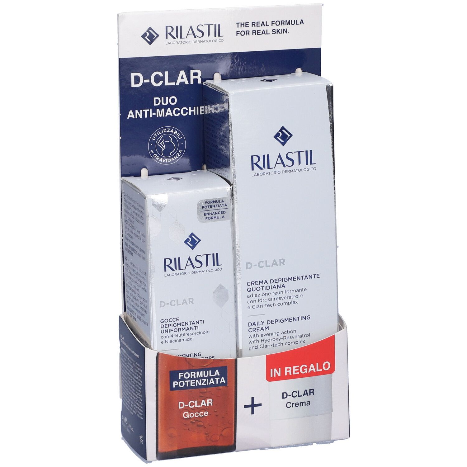 Confezione D-Clar con Gocce e Crema. Design bianco e blu. Logo e nomi dei prodotti.