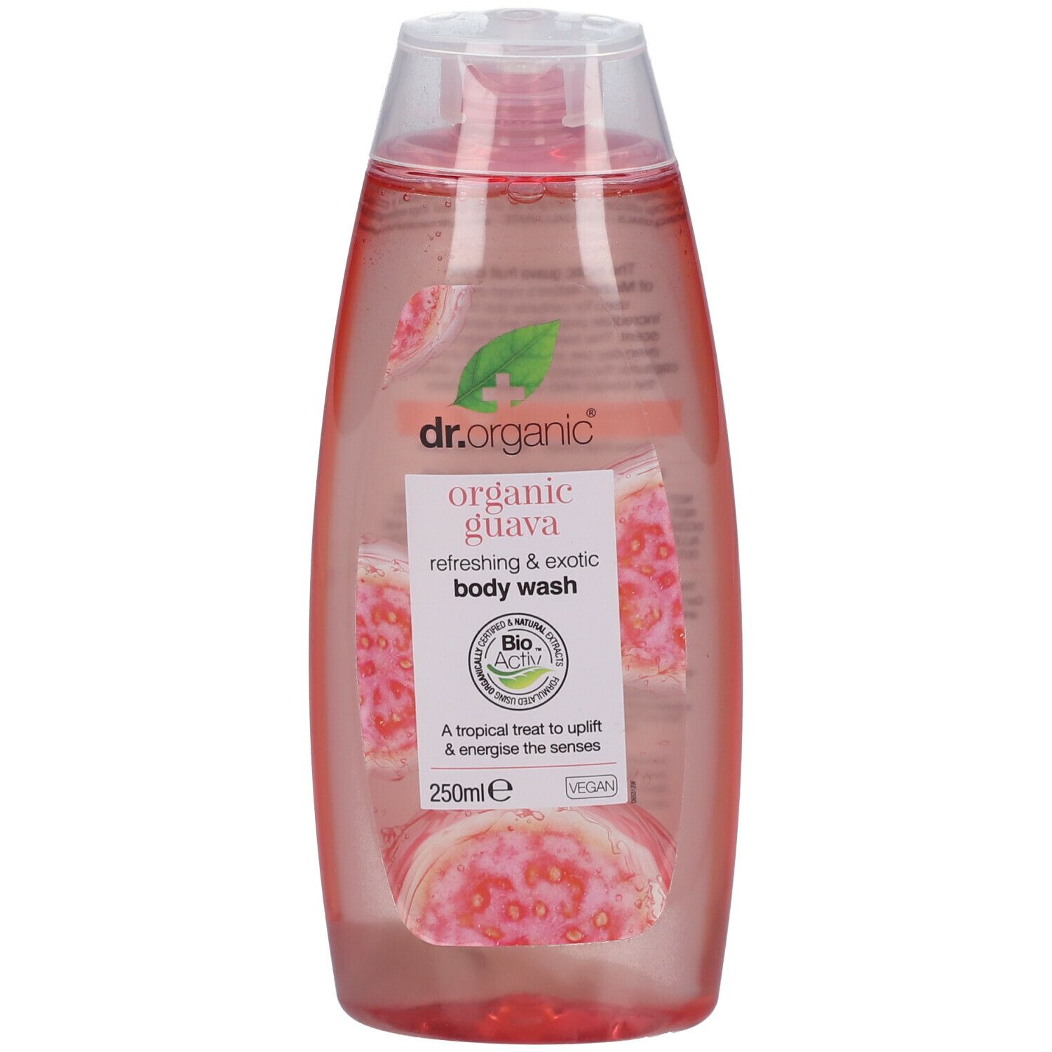 Bagnoschiuma Dr. Organic Bio-Guava. Liquido rosa in flacone ovale con tappo a ribalta. Etichetta con illustrazioni di guava e testo.