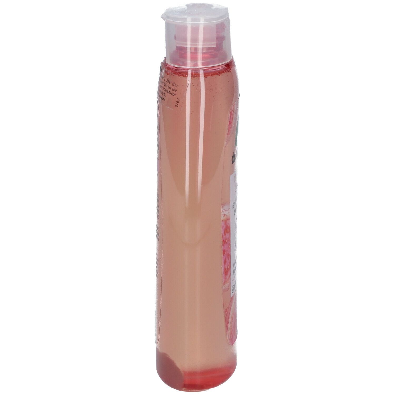 Bagnoschiuma Dr. Organic Bio-Guava, vista laterale. Liquido rosa, tappo a ribalta. Etichetta con testo.