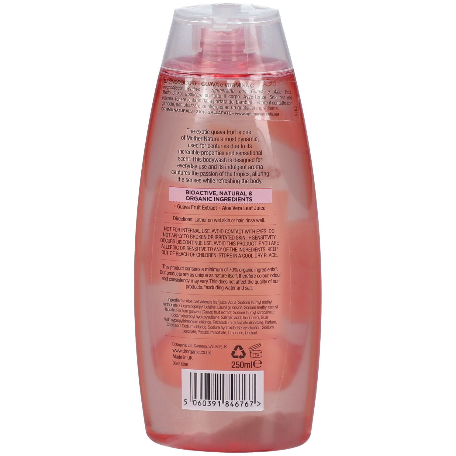 Bagnoschiuma Dr. Organic Bio-Guava. Retro del flacone. Liquido rosa, tappo a ribalta. Etichetta con testo e ingredienti.