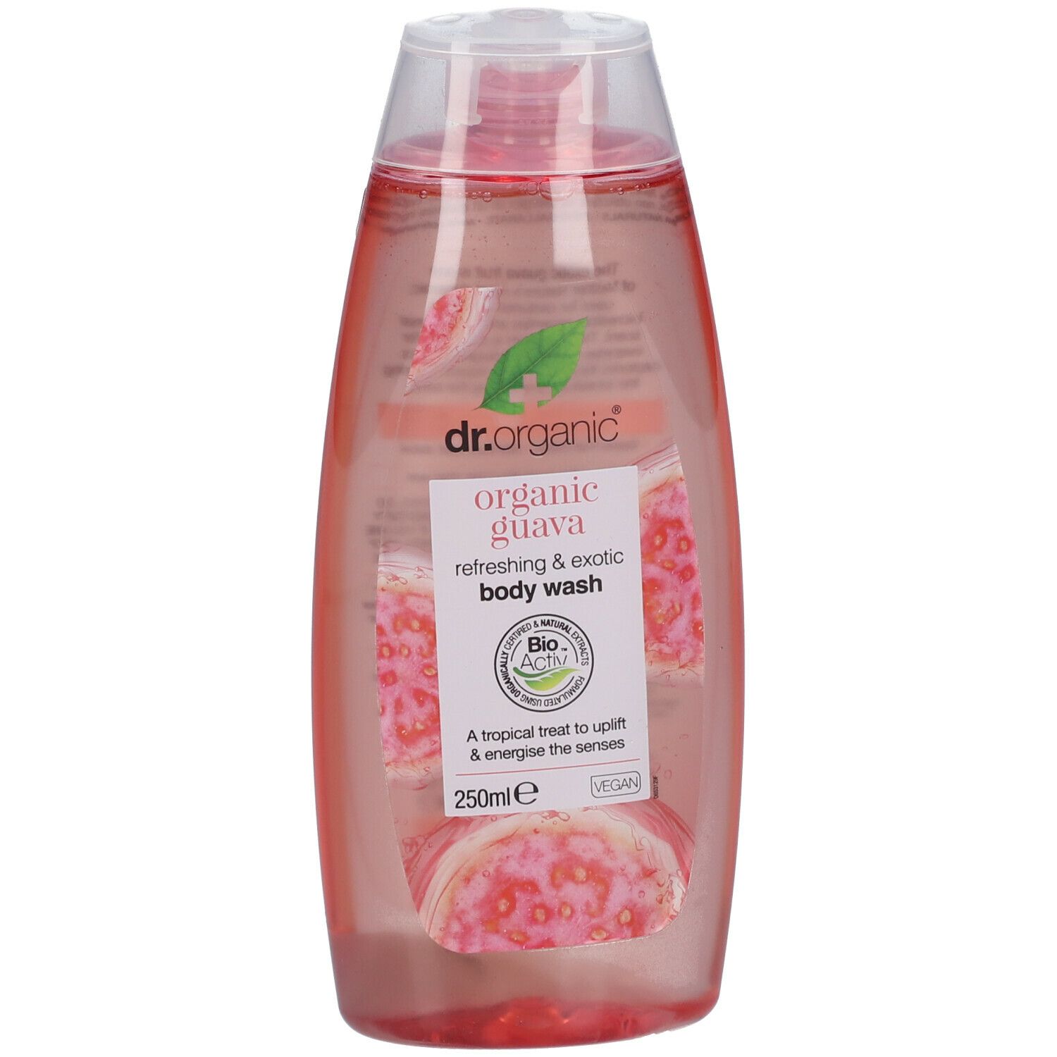 Bagnoschiuma Dr. Organic Bio-Guava. Liquido rosa in flacone ovale con tappo a ribalta. Etichetta con illustrazioni di guava e testo.