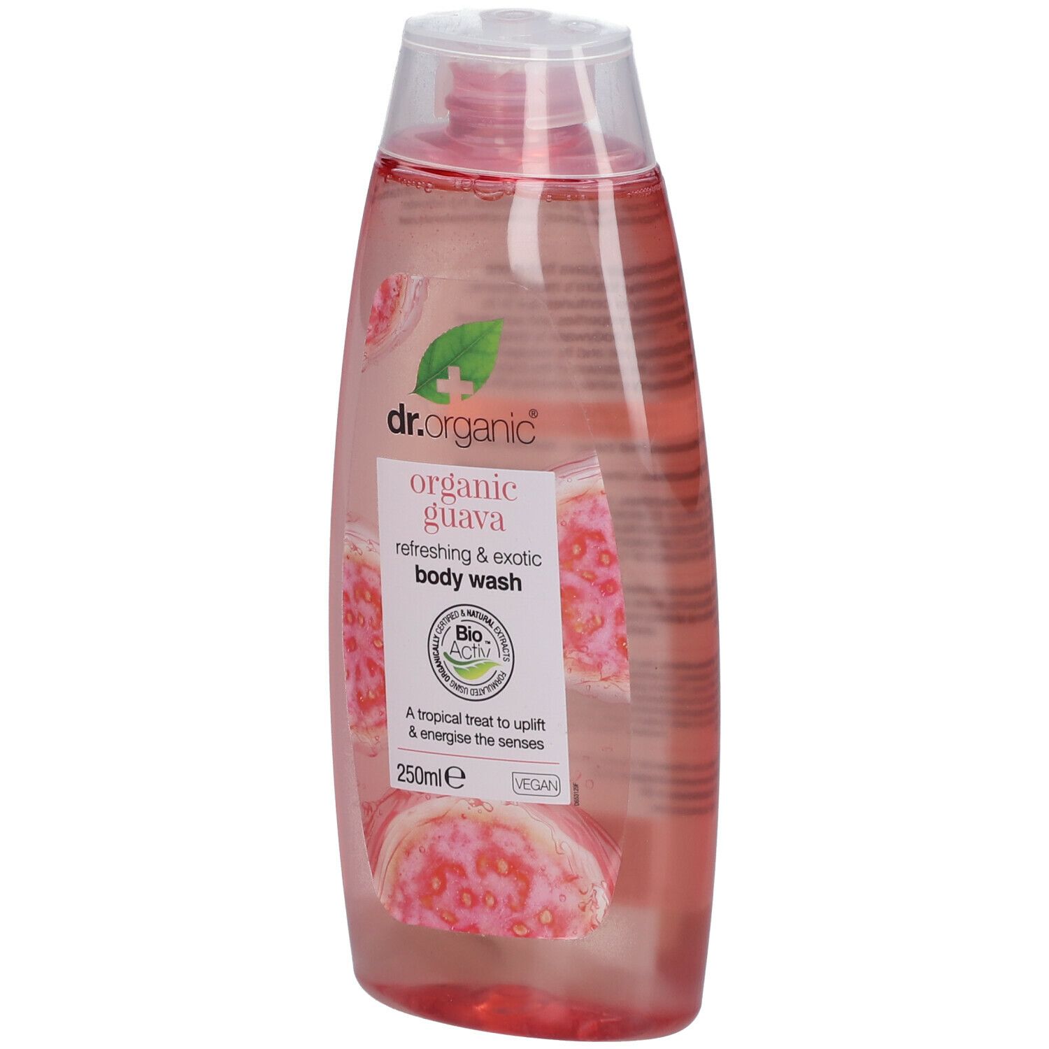 Bagnoschiuma Dr. Organic Bio-Guava. Liquido rosa in flacone ovale con tappo a ribalta. Etichetta con illustrazioni di guava e testo.