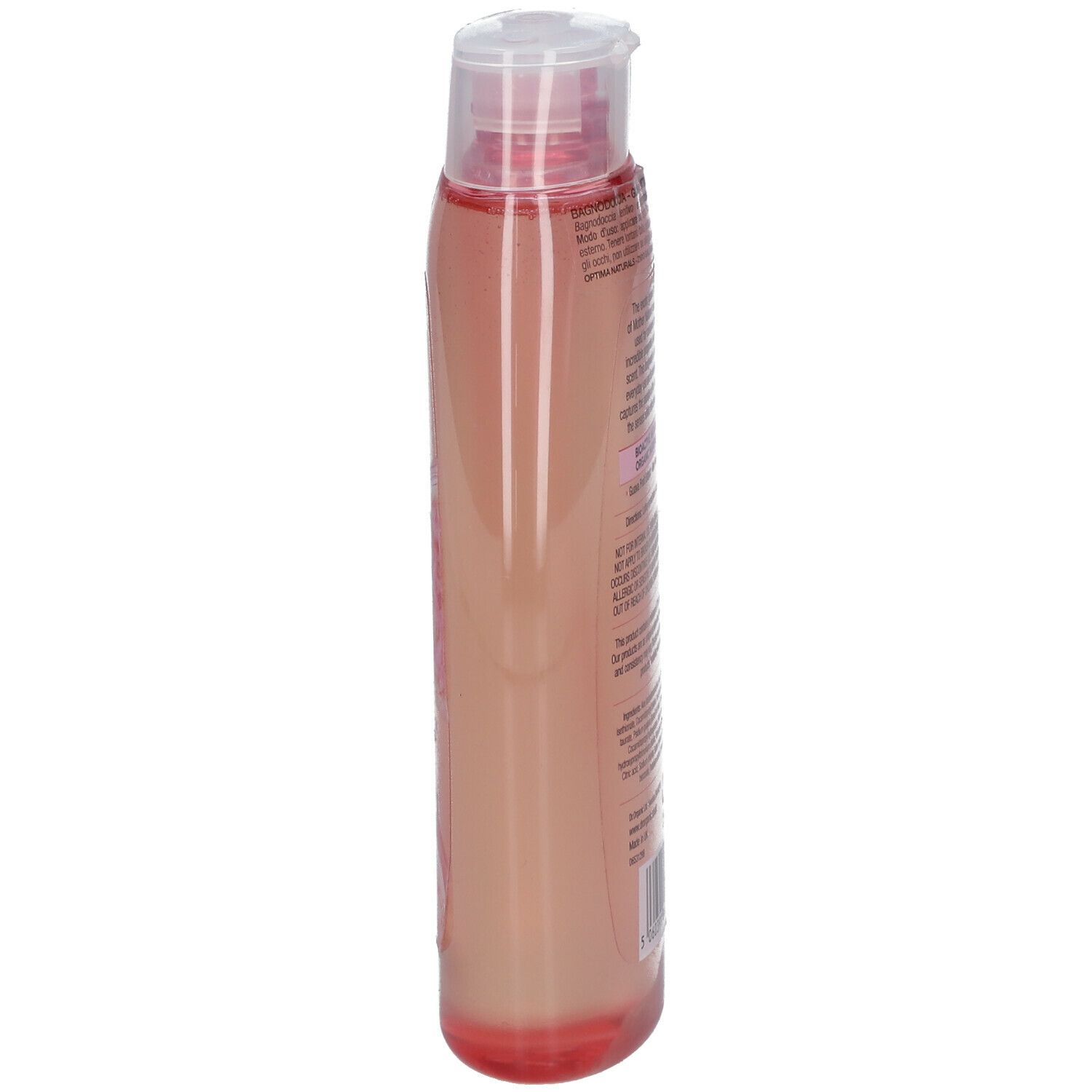 Bagnoschiuma Dr. Organic Bio-Guava, vista laterale. Liquido rosa, tappo a ribalta. Etichetta con testo.