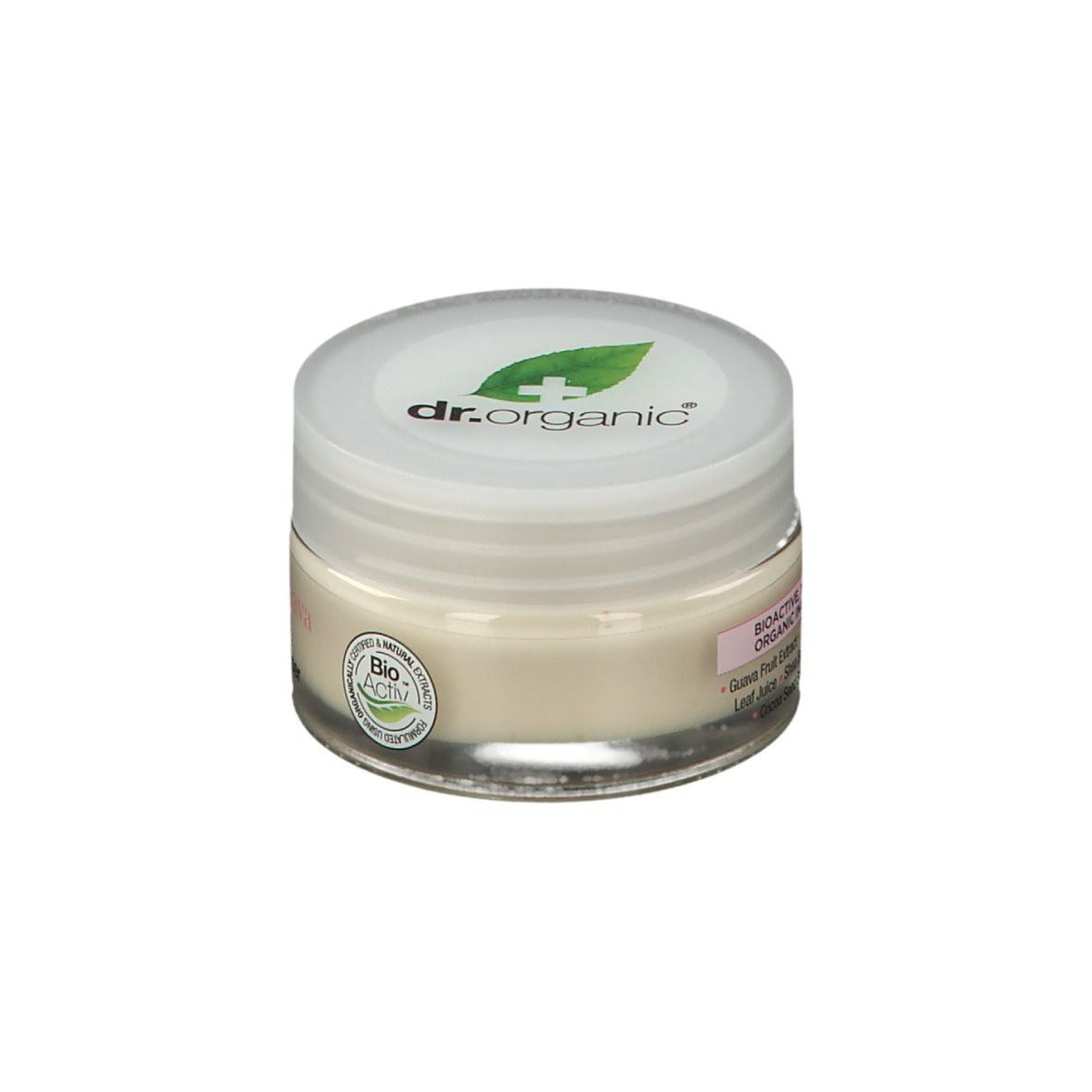 Vasetto di crema con coperchio bianco. Logo e scritta sul coperchio. Scritta sul vasetto: organic guava, gel moisturiser.
