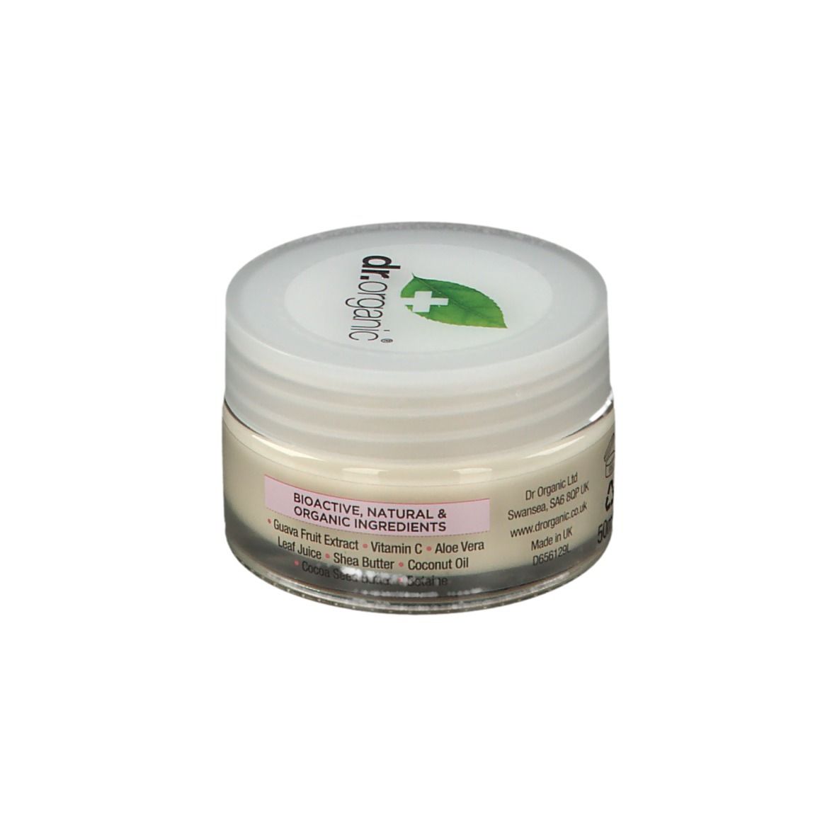 Vasetto di crema con coperchio bianco. Logo e scritta sul coperchio. Scritta sul vasetto: organic guava, gel moisturiser.
