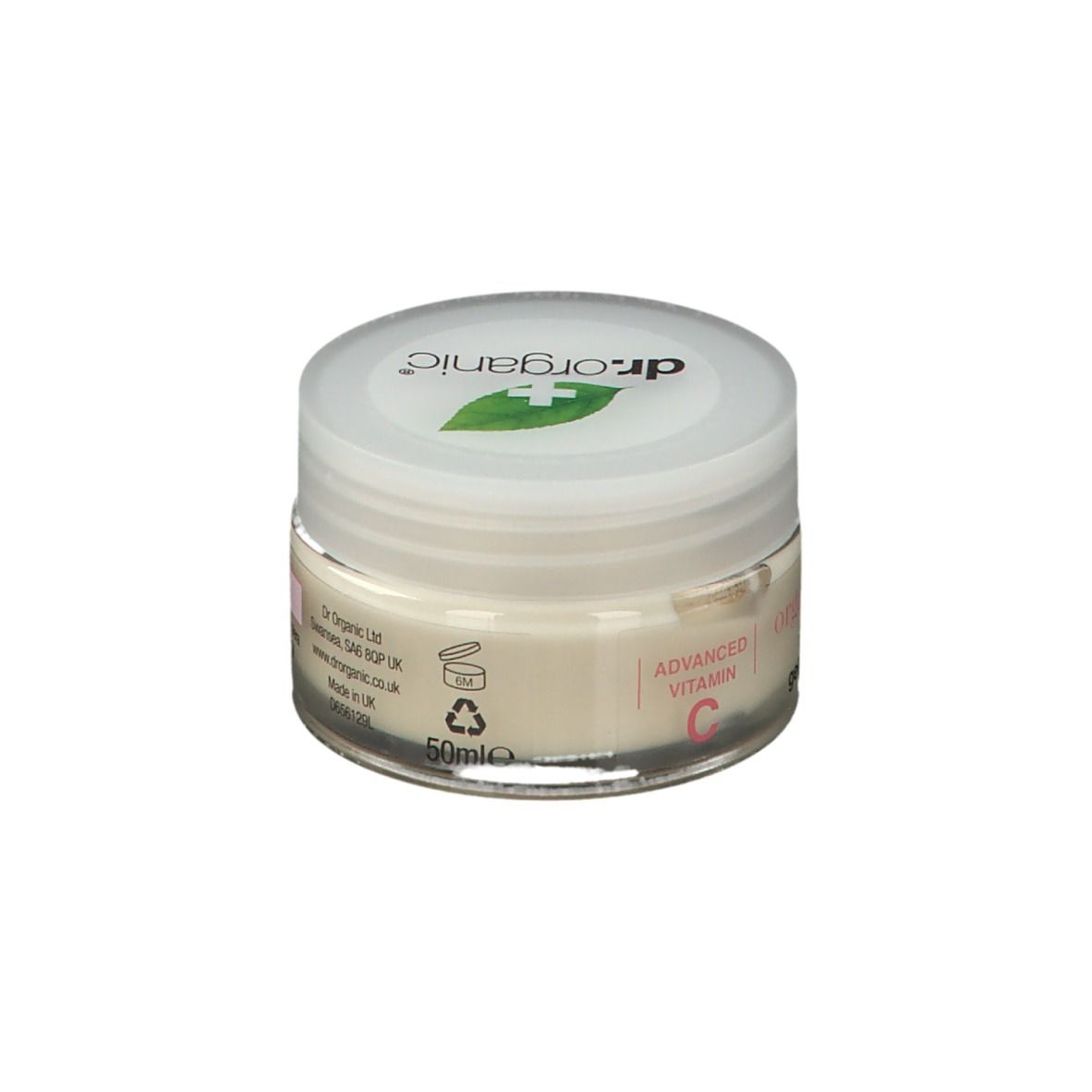 Vasetto di crema con coperchio bianco. Logo e scritta sul coperchio. Scritta sul vasetto: organic guava, gel moisturiser.