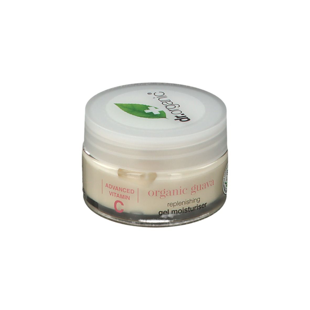 Vasetto di crema con coperchio bianco. Logo e scritta sul coperchio. Scritta sul vasetto: organic guava, gel moisturiser.