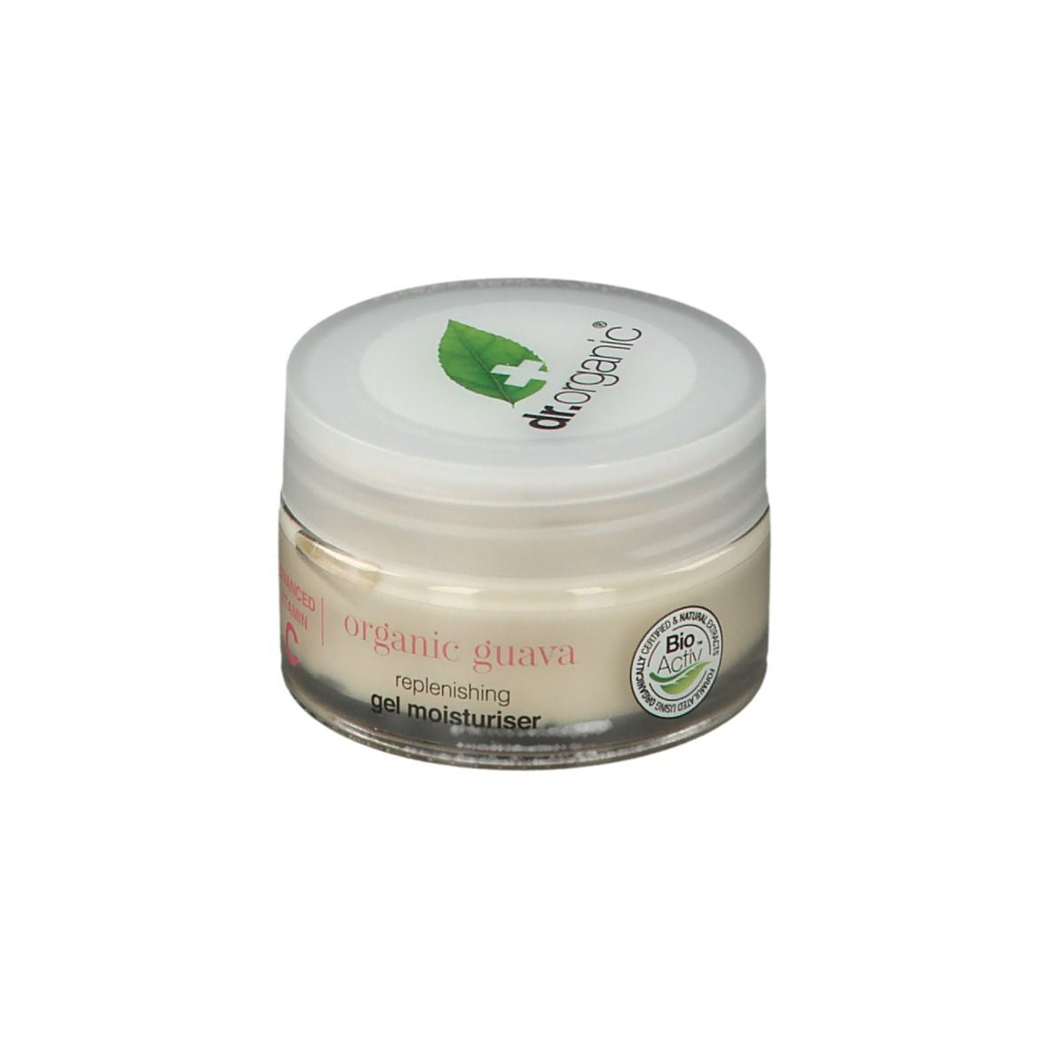 Vasetto di crema con coperchio bianco. Logo e scritta sul coperchio. Scritta sul vasetto: organic guava, gel moisturiser.