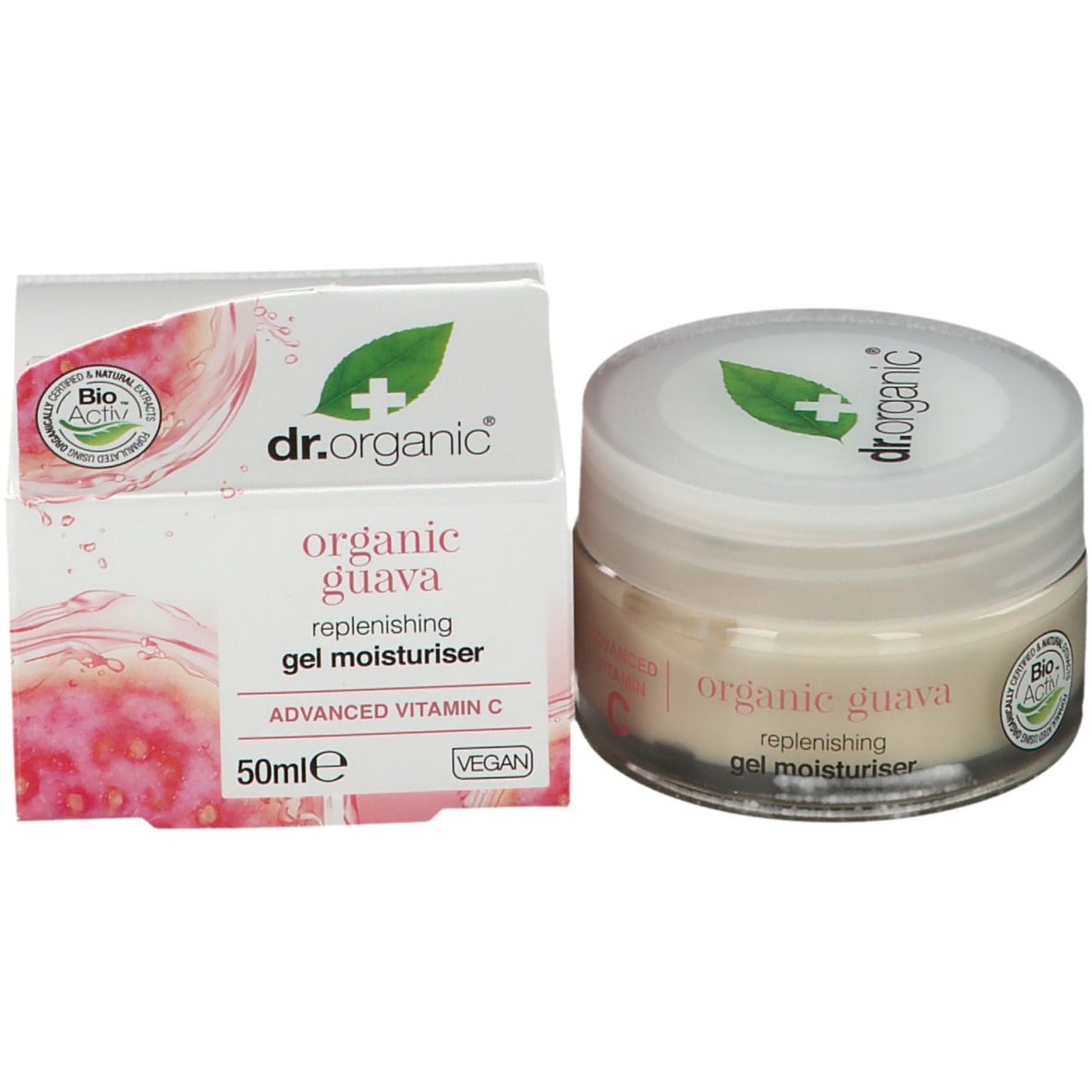Vasetto di crema e scatola. Logo e scritta sulla scatola. Scritta sul vasetto: organic guava, gel moisturiser.