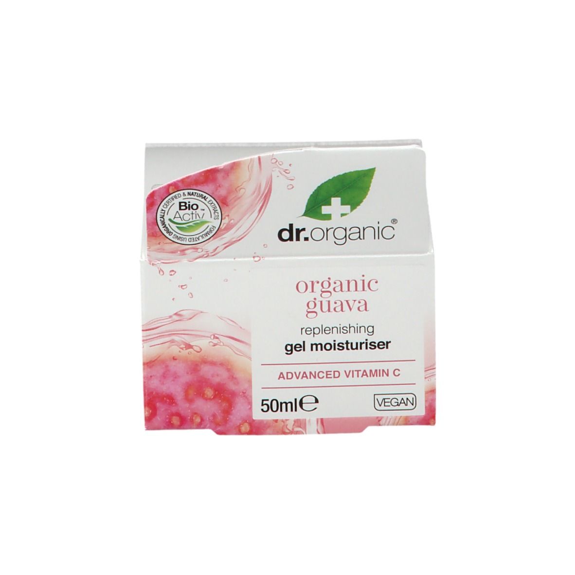 Scatola con logo e scritta. Scritta sulla scatola: organic guava, gel moisturiser.