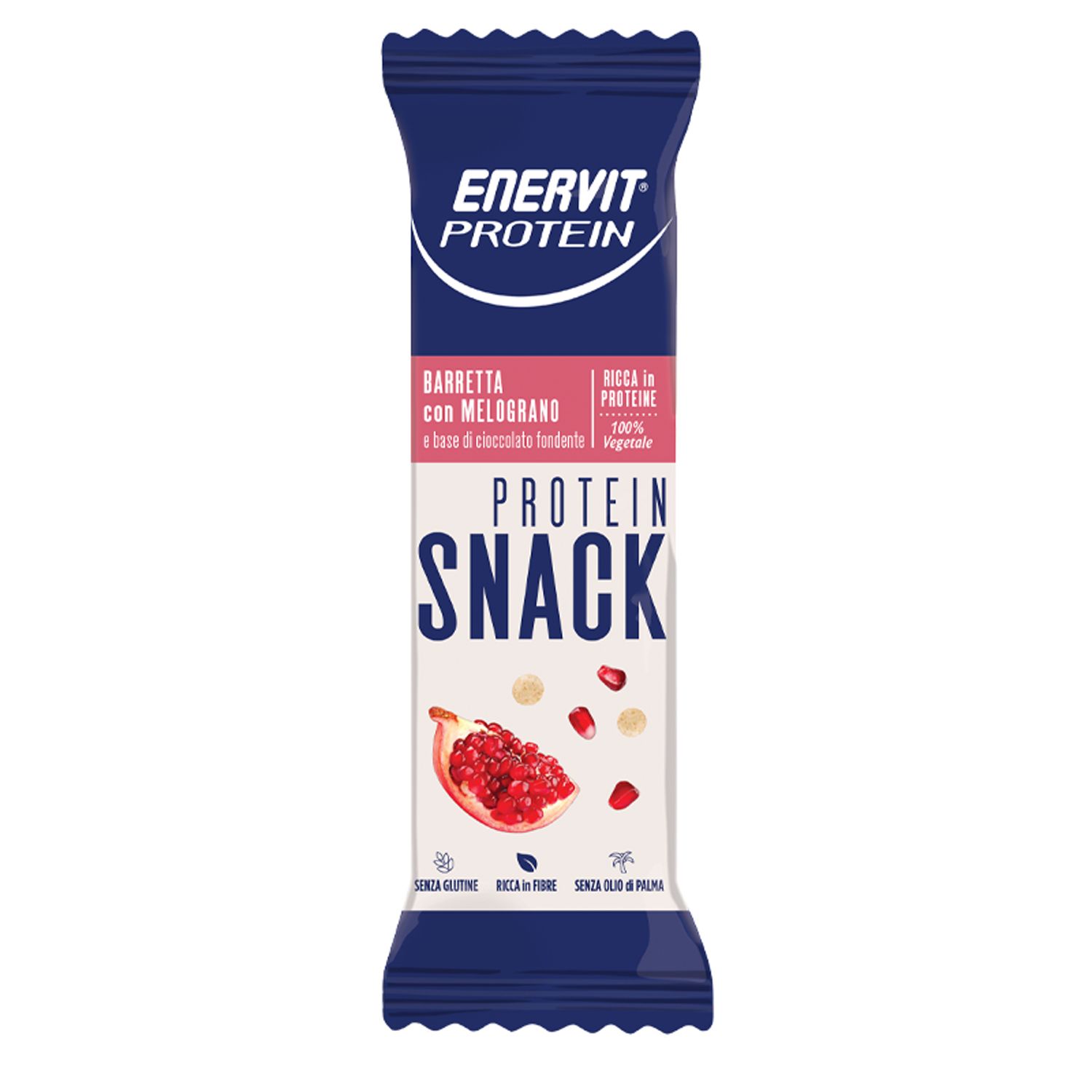 Singola barretta ENERVIT PROTEIN Snack Melograno. Scritte: senza glutine, ricca di fibre, senza olio di palma. Immagine: melograno.