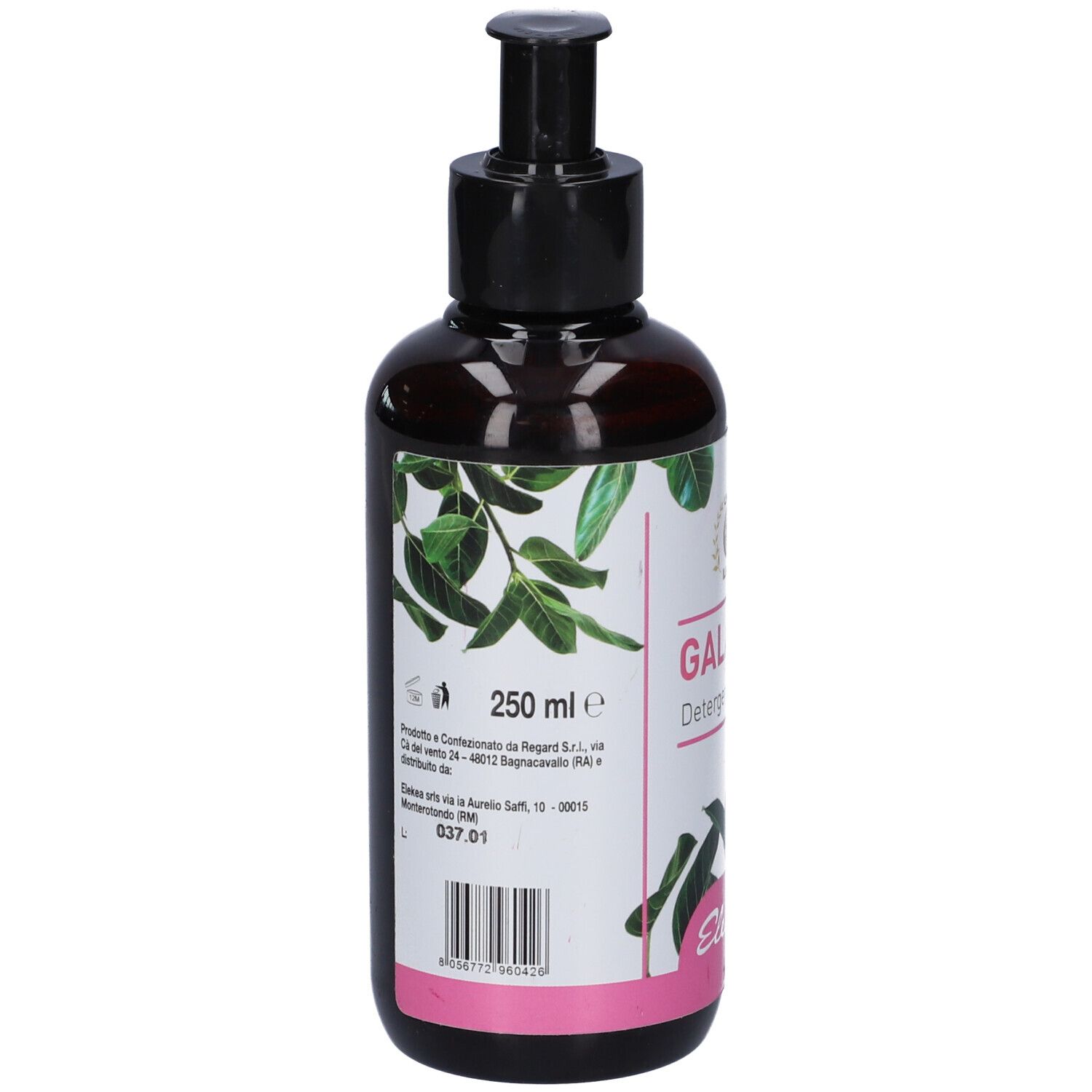 Retro del flacone marrone con dosatore nero. Etichetta con informazioni prodotto e codice a barre. 250 ml.