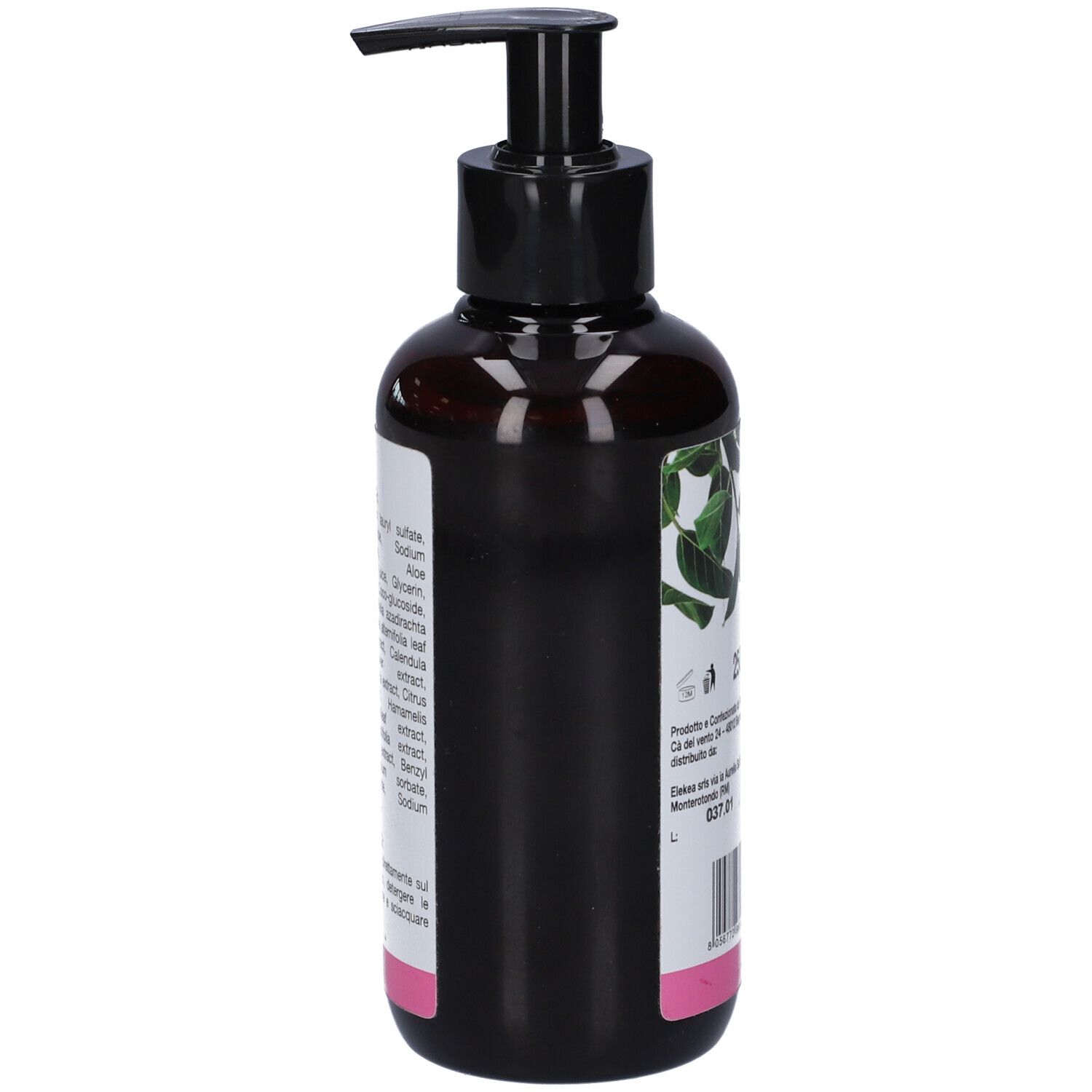 Flacone marrone con dosatore nero. Vista laterale. Etichetta con informazioni sul prodotto.