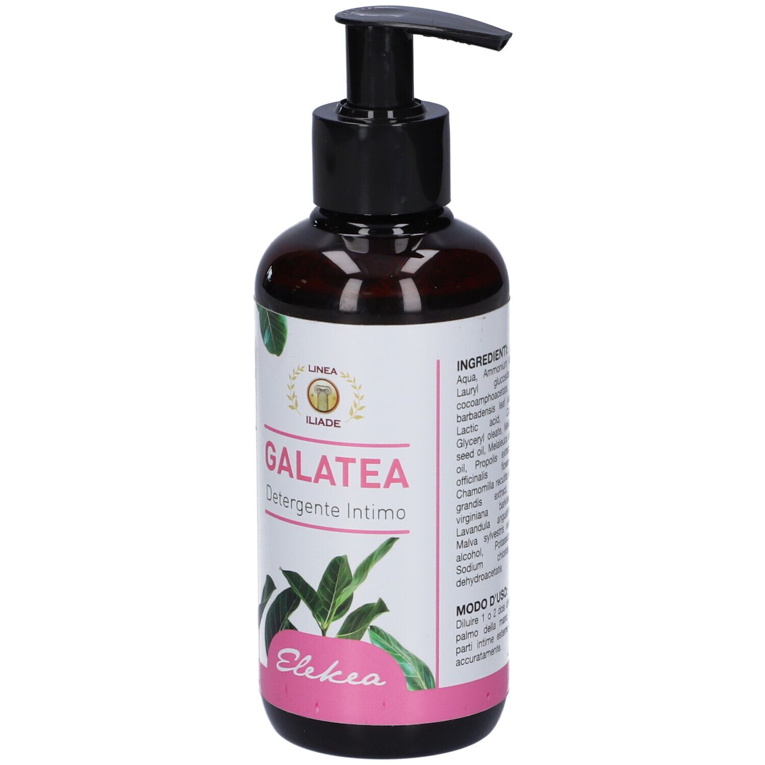 Flacone marrone con dosatore nero. Etichetta con nome GALATEA e marchio Elekea. Illustrazioni vegetali.