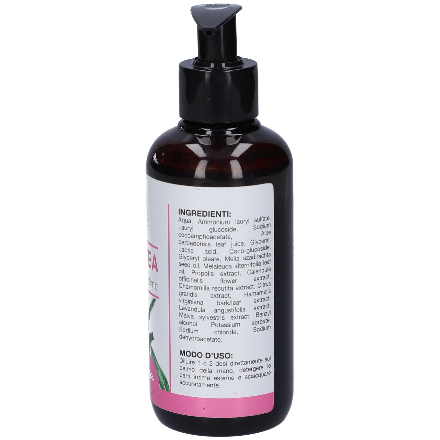 Retro del flacone marrone con dosatore nero. Etichetta con ingredienti e istruzioni per l'uso.