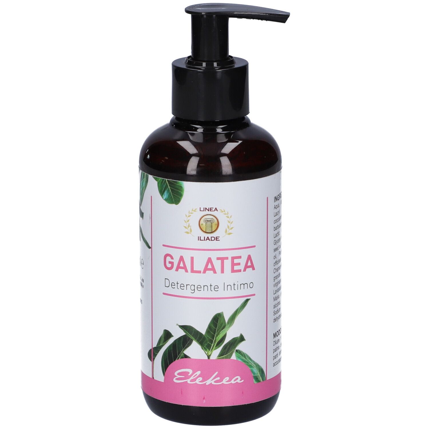 Flacone marrone con dosatore nero. Etichetta con nome GALATEA e marchio Elekea. Illustrazioni vegetali.