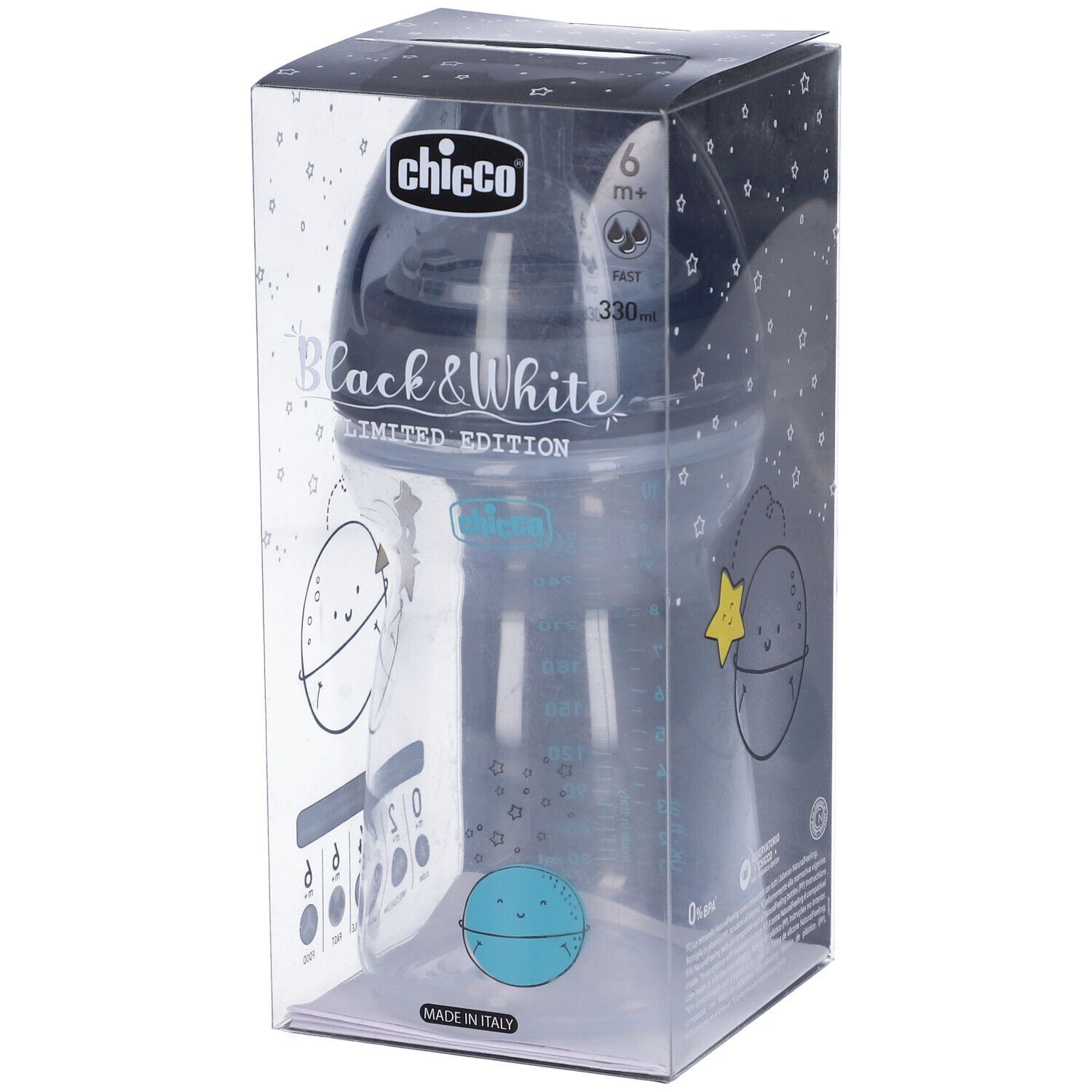 Biberon in confezione. Design bianco e nero. Marchio Chicco. Scritta: Black & White Limited Edition. 330ml.