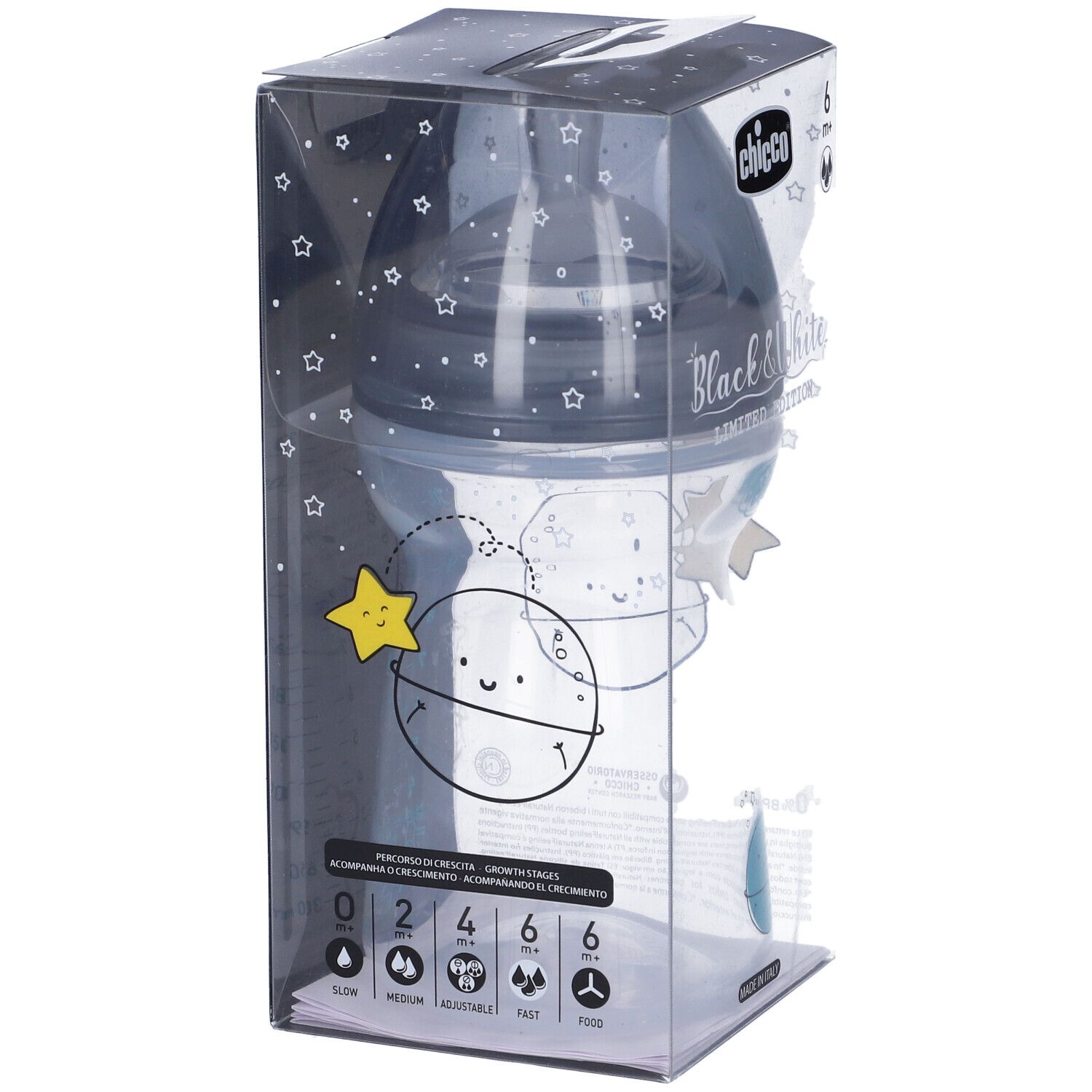 Biberon in confezione. Design bianco e nero. Marchio Chicco. Scritta: Black & White Limited Edition. 330ml.