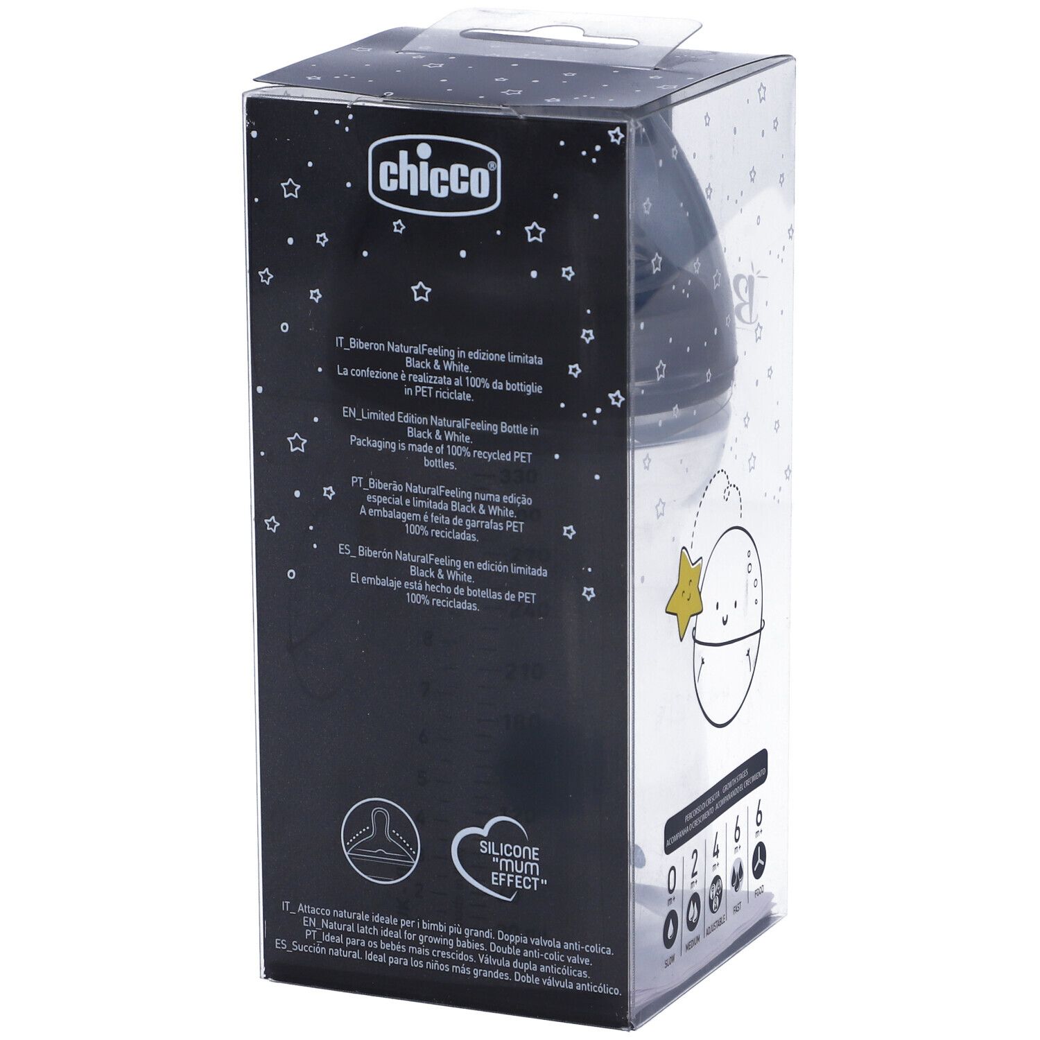 Biberon in confezione. Design bianco e nero. Marchio Chicco. Scritta: Black & White Limited Edition. 330ml.