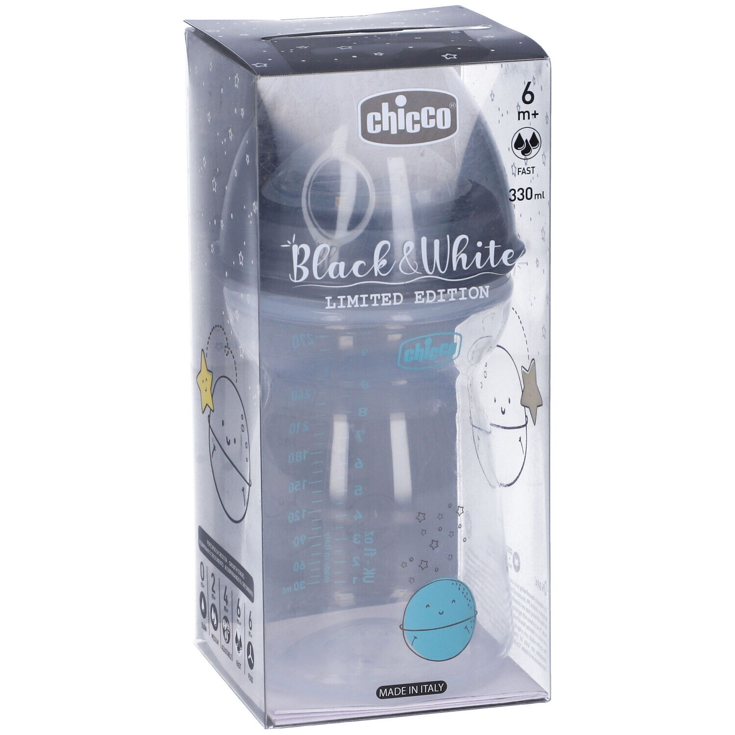 Biberon in confezione. Design bianco e nero. Marchio Chicco. Scritta: Black & White Limited Edition. 330ml.