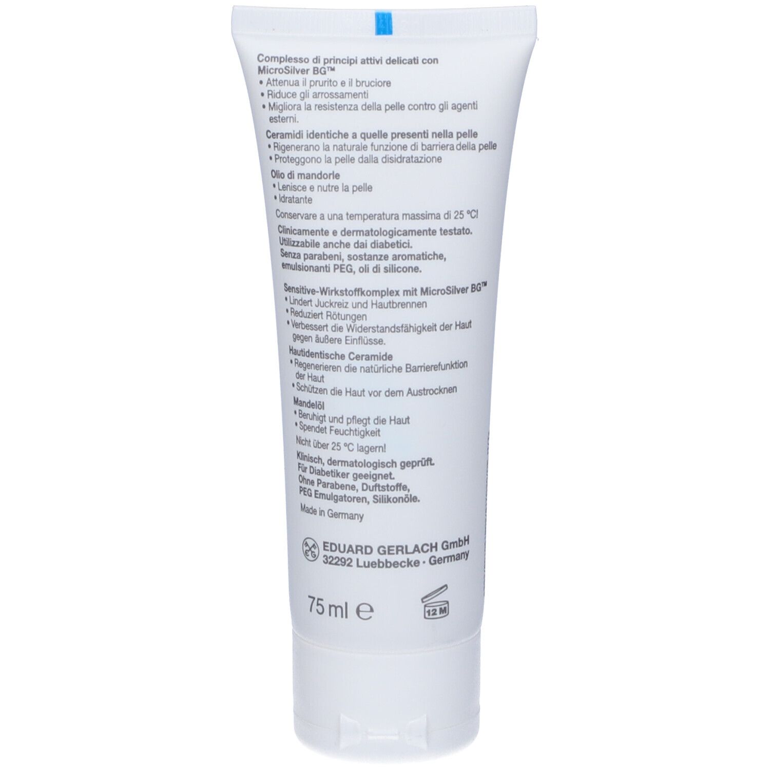 Retro del tubo bianco. Testo in tedesco. Contiene informazioni sugli ingredienti e il produttore.