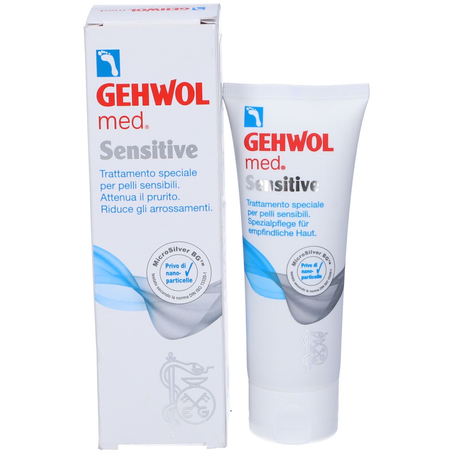Prodotto e confezione. Tubo e scatola bianchi. Scritta: GEHWOL med. Sensitive. Con MicroSilver BG™.