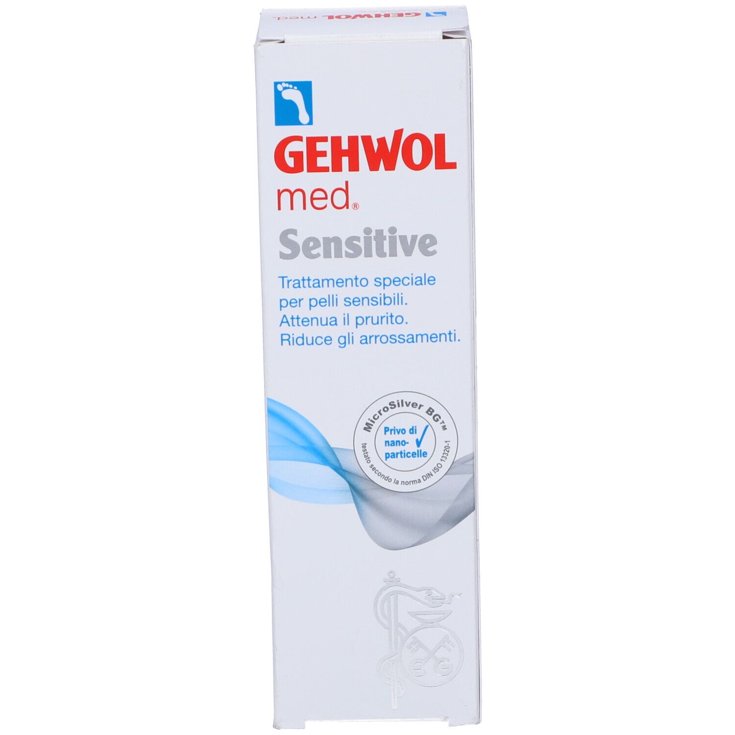Scatola bianca con informazioni sul prodotto. Scritta: GEHWOL med. Sensitive. Con MicroSilver BG™.