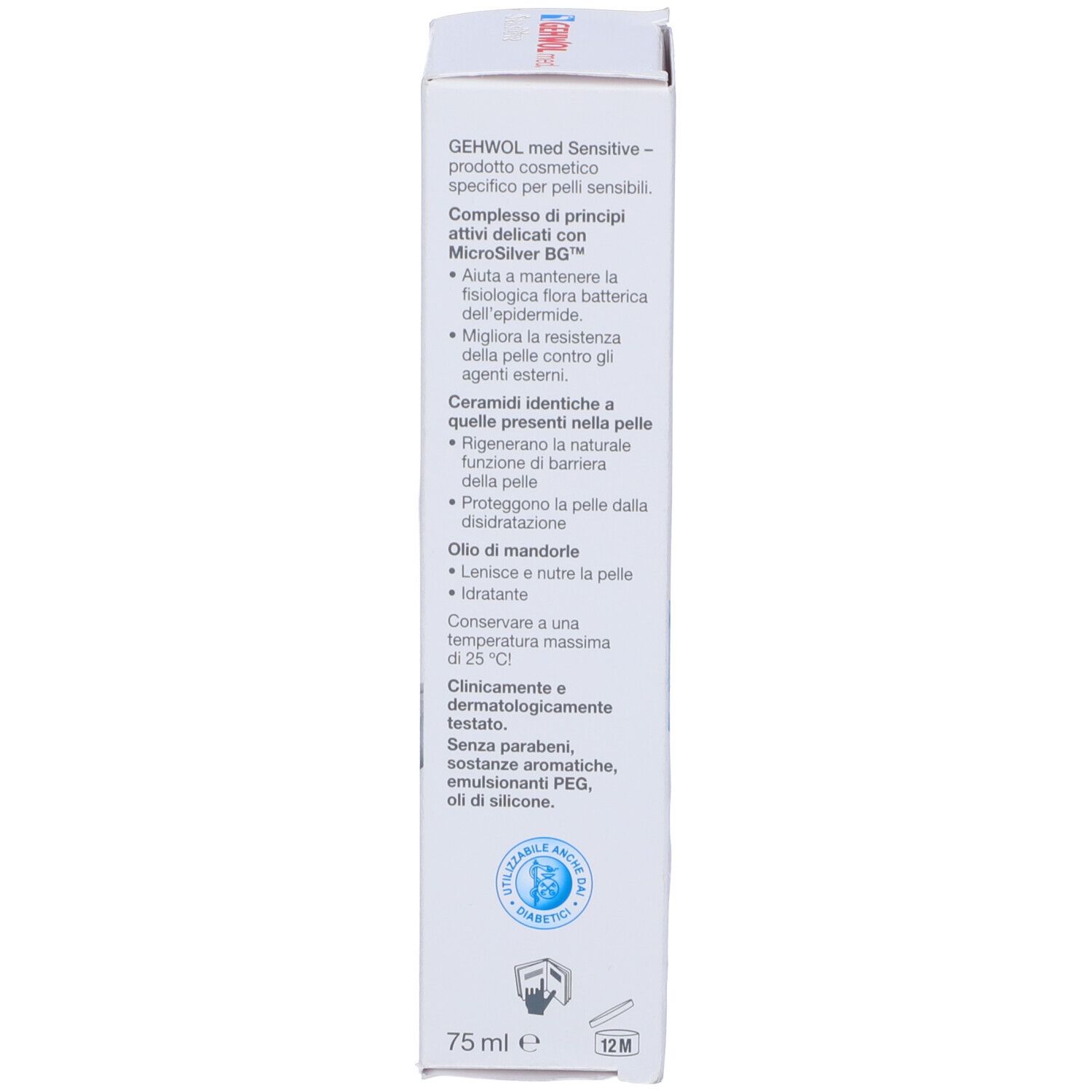 Scatola bianca, retro. Testo in italiano. Contiene informazioni sugli ingredienti e il produttore.