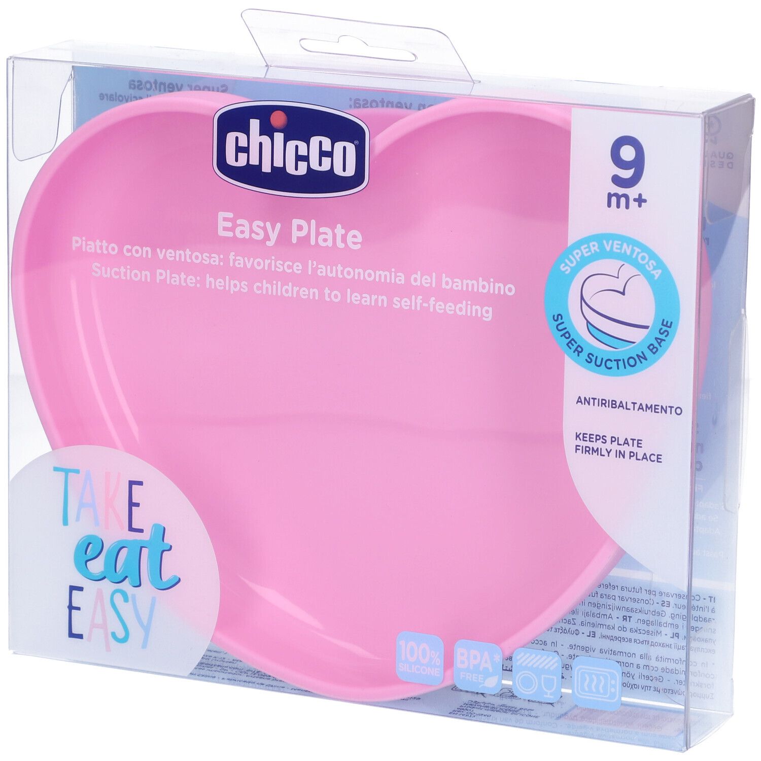 Piatto rosa a forma di cuore in confezione. Marchio Chicco, scritta 'Easy Plate'. Adatto dai 9 mesi. Con ventosa.