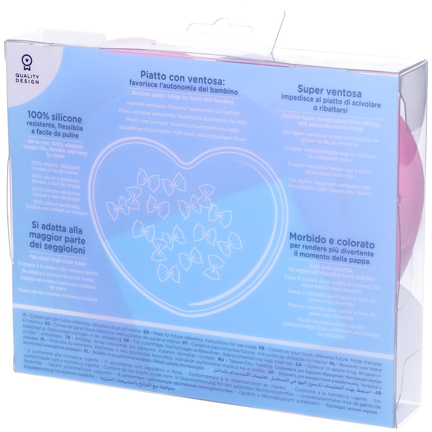 Retro della confezione. Piatto rosa a forma di cuore. Marchio Chicco. Testo: 'Piatto con ventosa'. Con ventosa. 100% silicone.