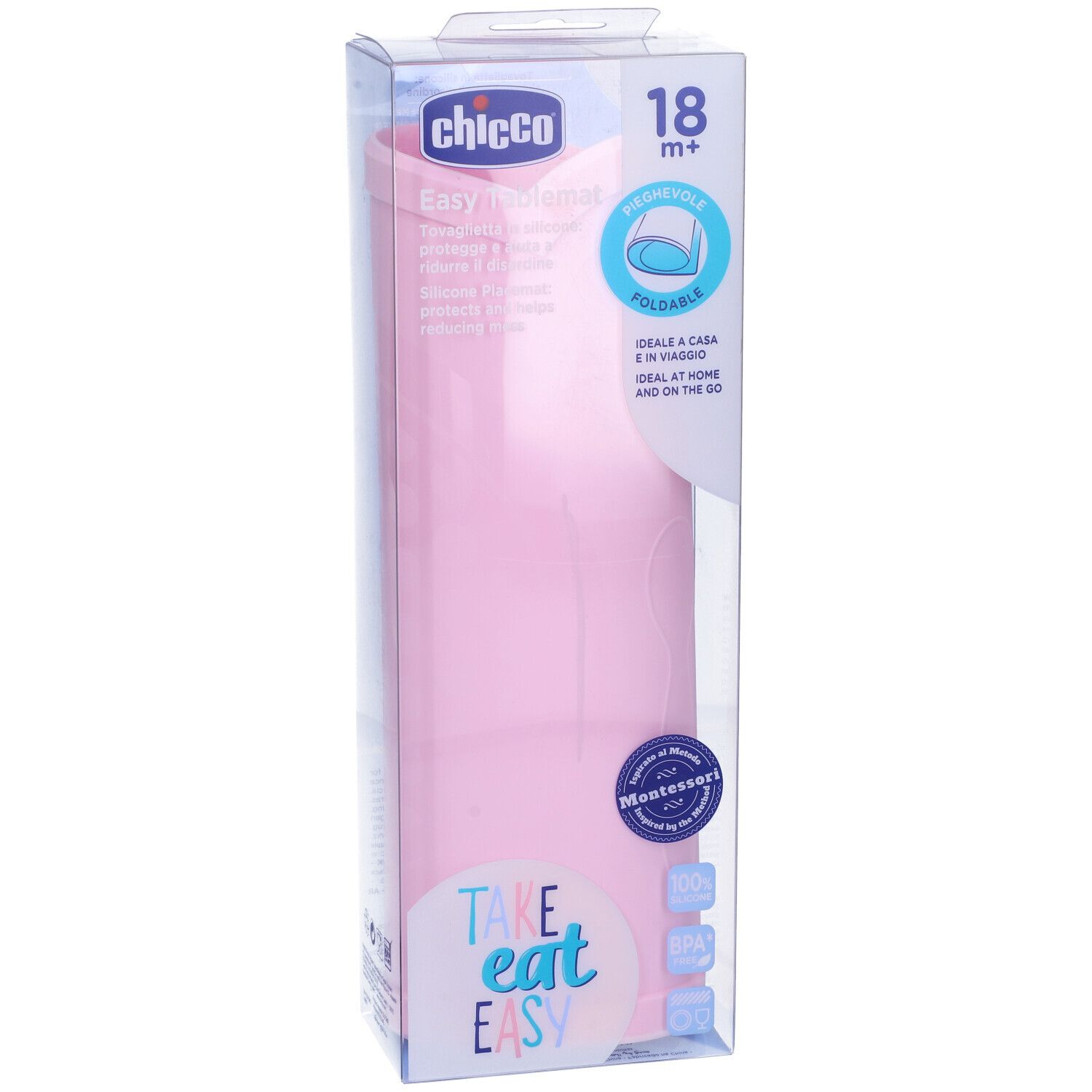 Chicco Tovaglietta in Silicone Rosa, confezionata. Rosa, pieghevole. Per 18+ mesi. Con logo e testo.