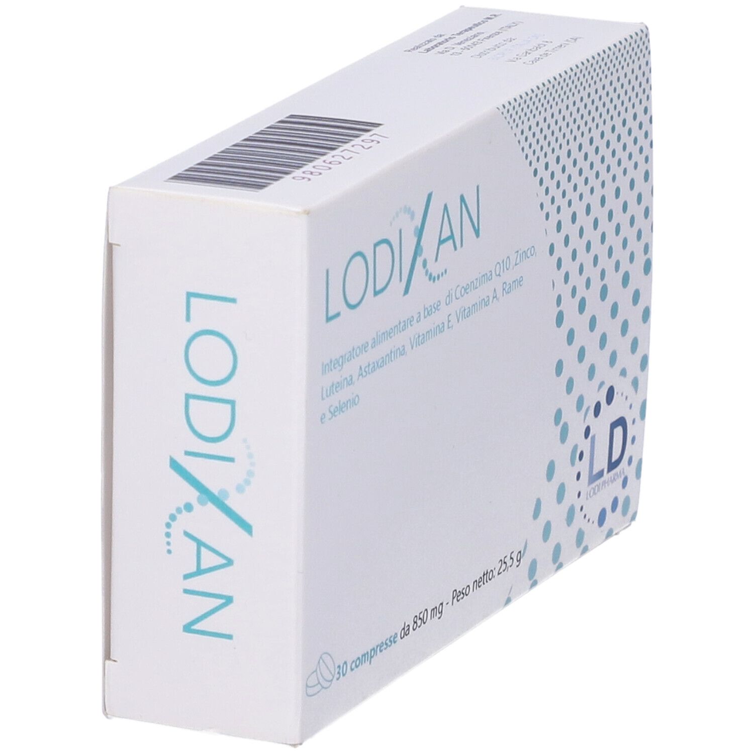 Scatola bianca con logo e testo blu. Scritta: LODIXAN, LD. Contiene 30 compresse. Vista laterale.