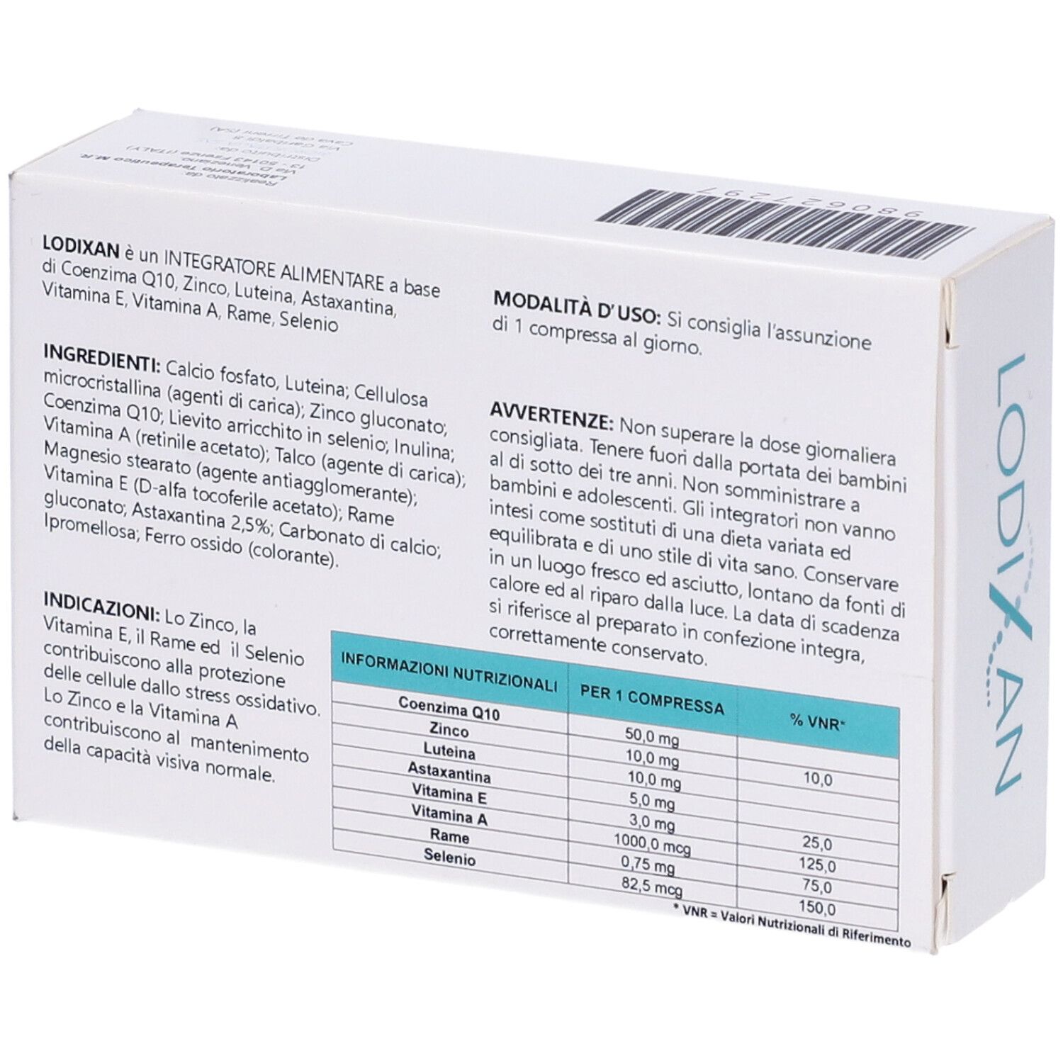Scatola bianca con testo e informazioni sugli ingredienti. Scritta: LODIXAN. Contiene informazioni nutrizionali e ingredienti.