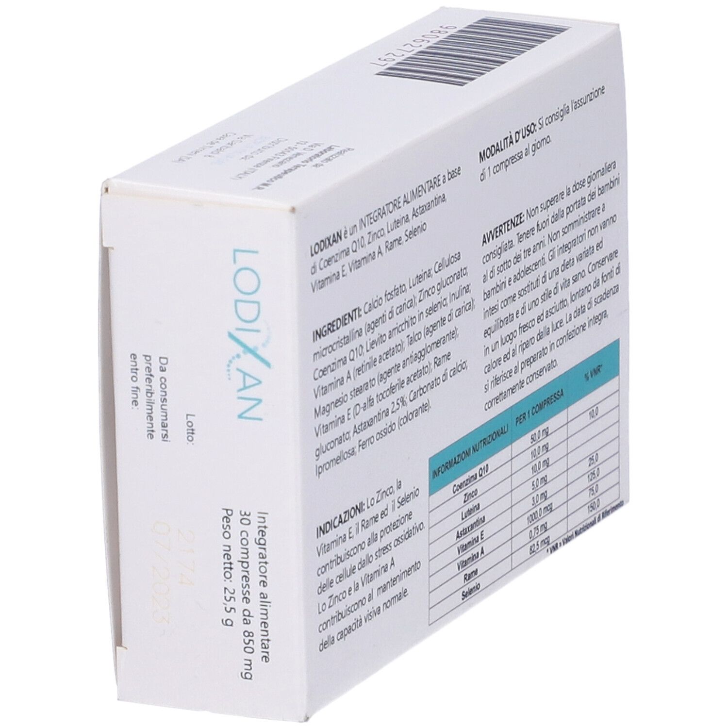 Scatola bianca con testo e informazioni sugli ingredienti. Scritta: LODIXAN. Contiene informazioni nutrizionali e ingredienti.
