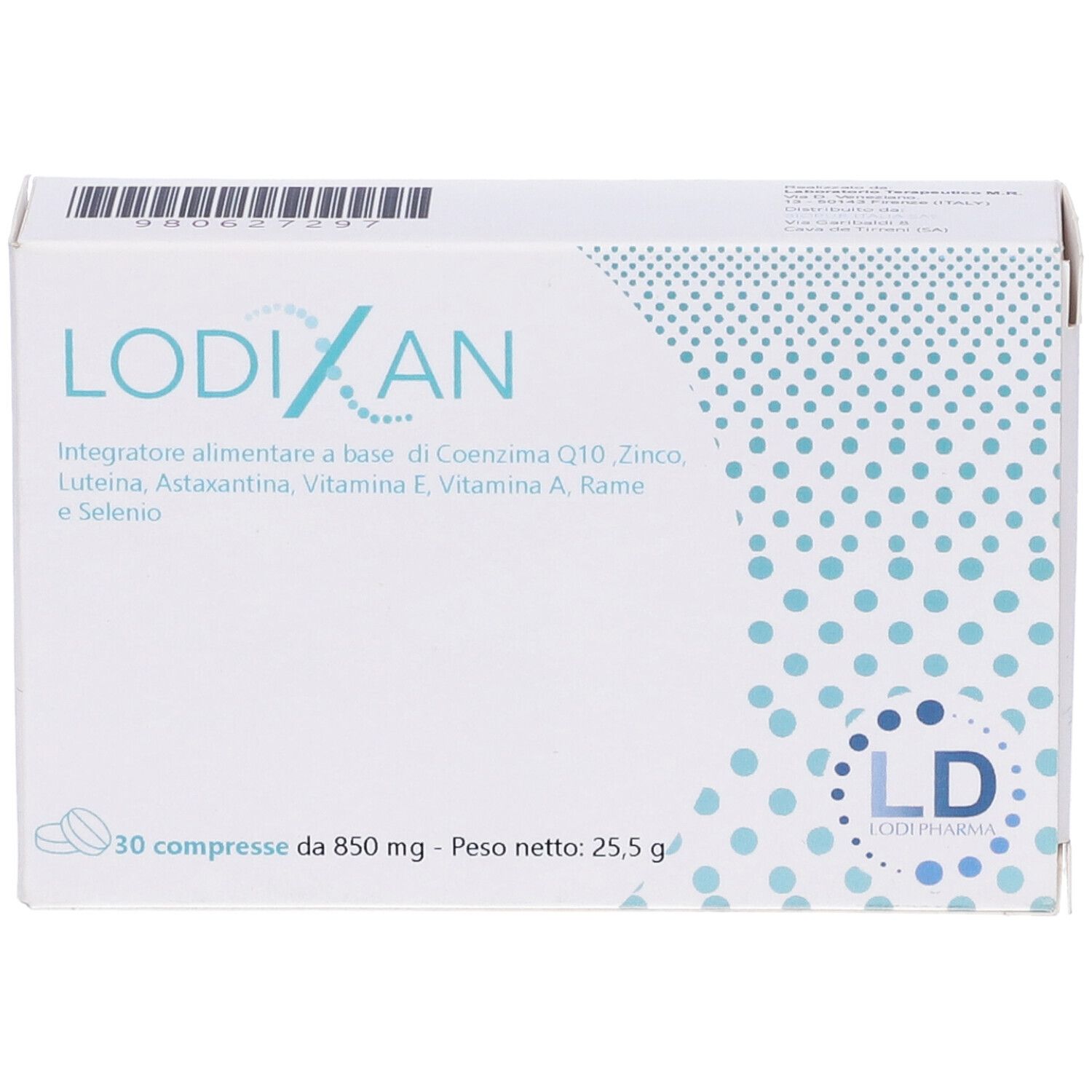 Scatola bianca con logo e testo blu. Contiene 30 compresse. Scritta: LODIXAN, LD, ingredienti.
