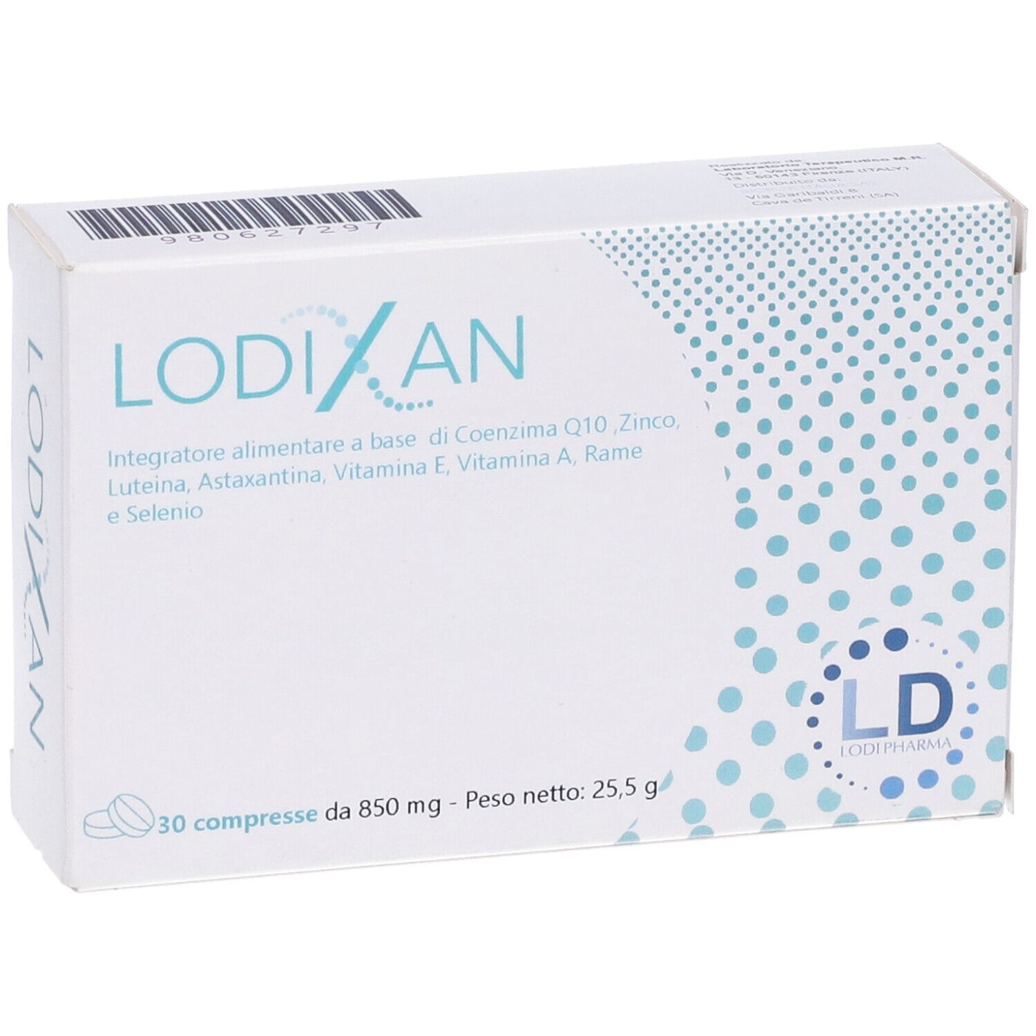 Scatola bianca con logo e testo blu. Contiene 30 compresse. Scritta: LODIXAN, LD, ingredienti.
