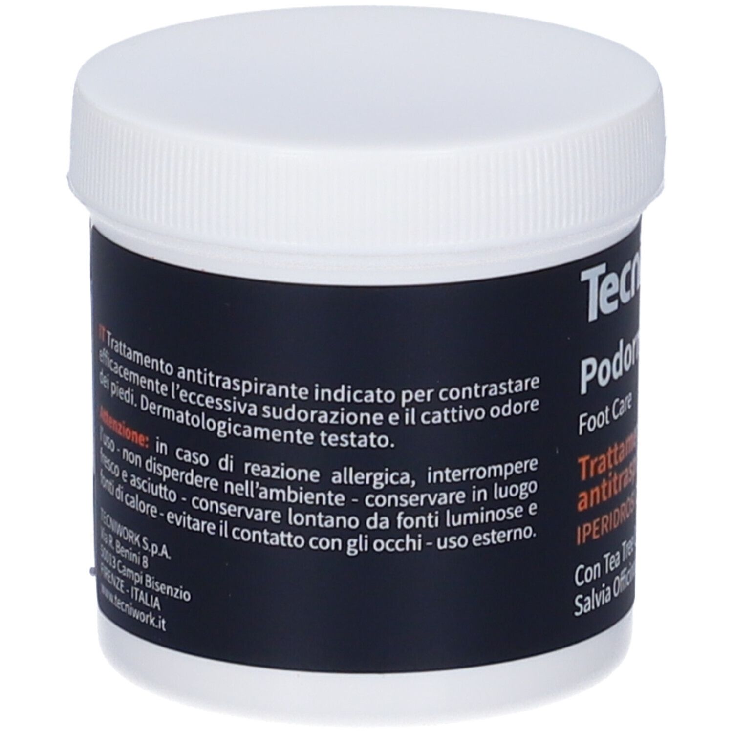Barattolo con coperchio bianco ed etichetta nera. Testo: Trattamento contro la sudorazione eccessiva e l'odore dei piedi. Dermatologicamente testato.